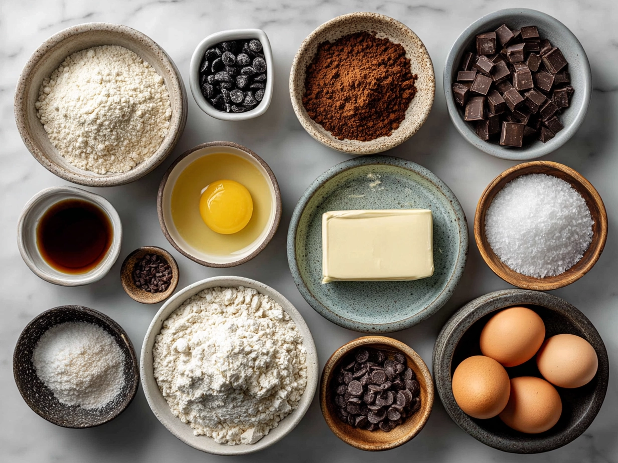 Ingredients for Copycat Crumbl Chocolate Chip Cookies including butter, brown sugar, eggs, flour, and chocolate chips