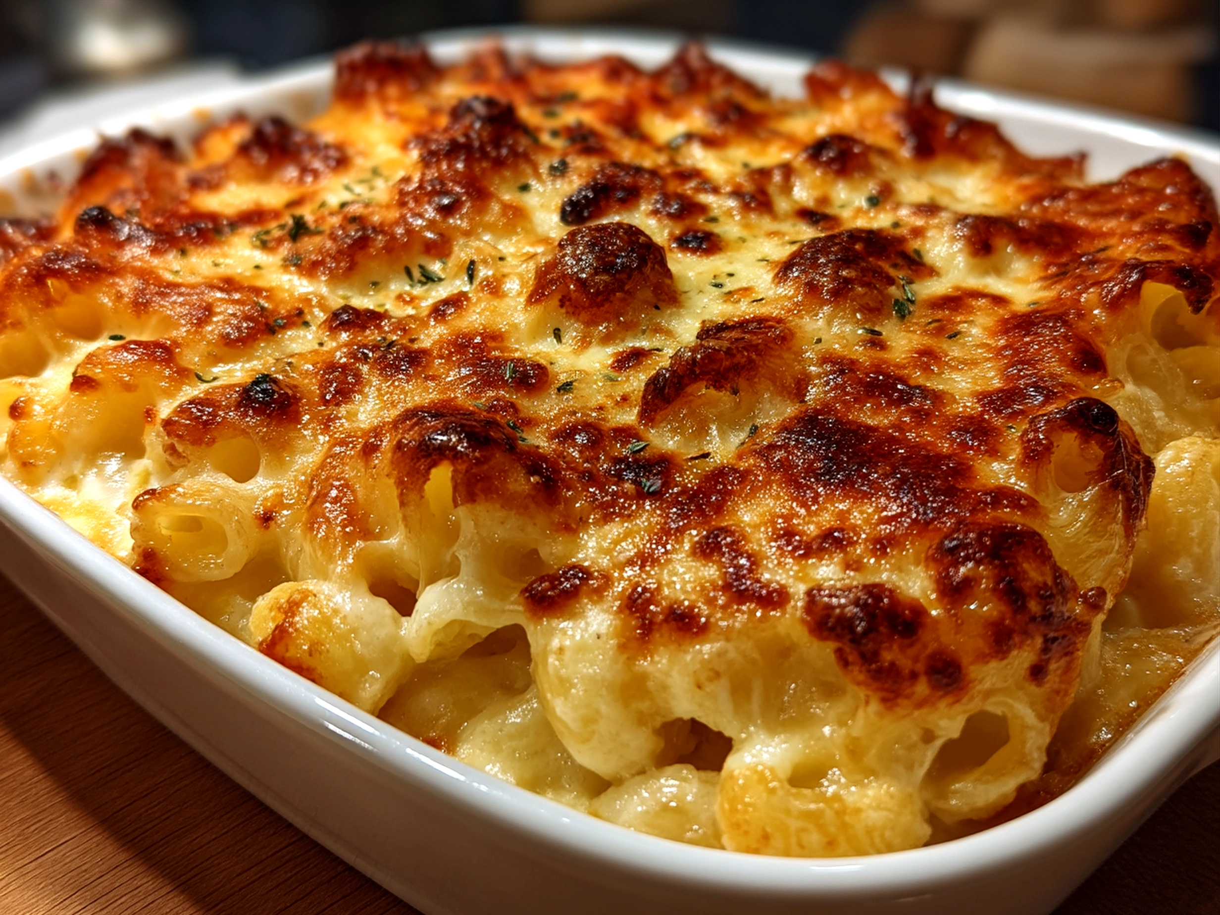 Serving creamy baked macaroni cheese with salad and sides