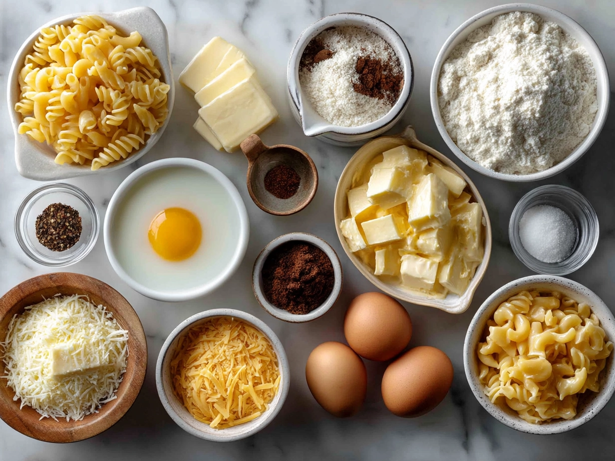 Ingredients for creamy baked macaroni cheese: elbow macaroni, shredded cheddar and mozzarella, milk, butter, flour, spices, and breadcrumbs