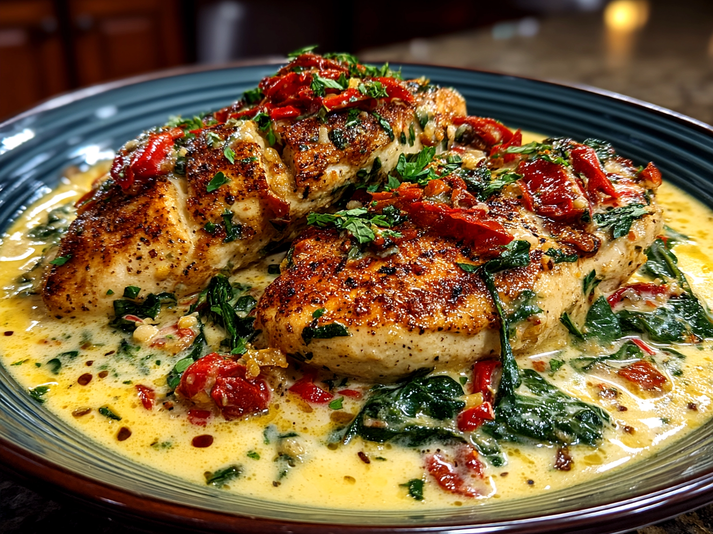 Creamy Tuscan Chicken served over mashed potatoes with sun-dried tomatoes and fresh spinach