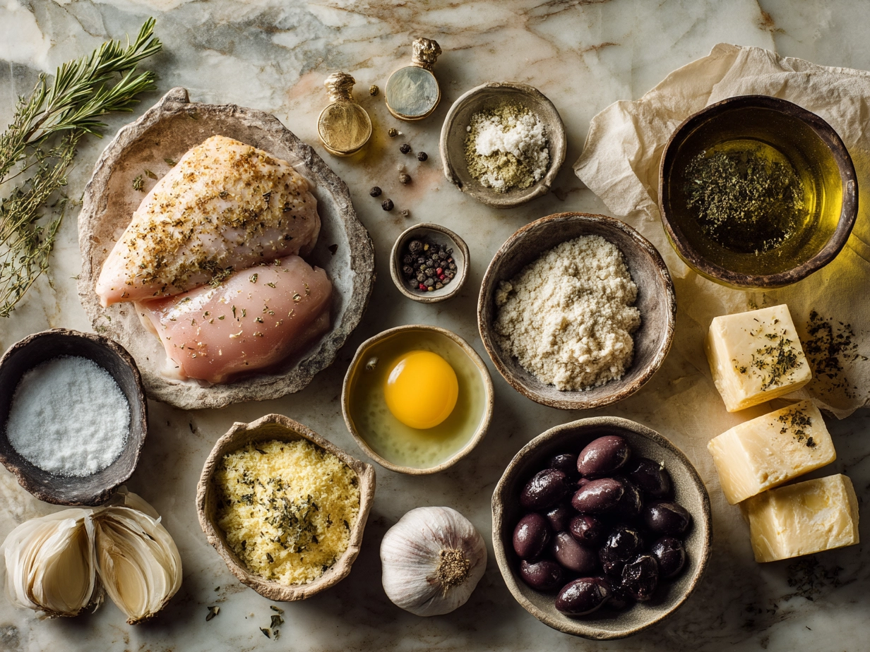 Ingredients for Creamy Tuscan Chicken including chicken breasts, garlic, spinach, sun-dried tomatoes, cream, and Parmesan cheese