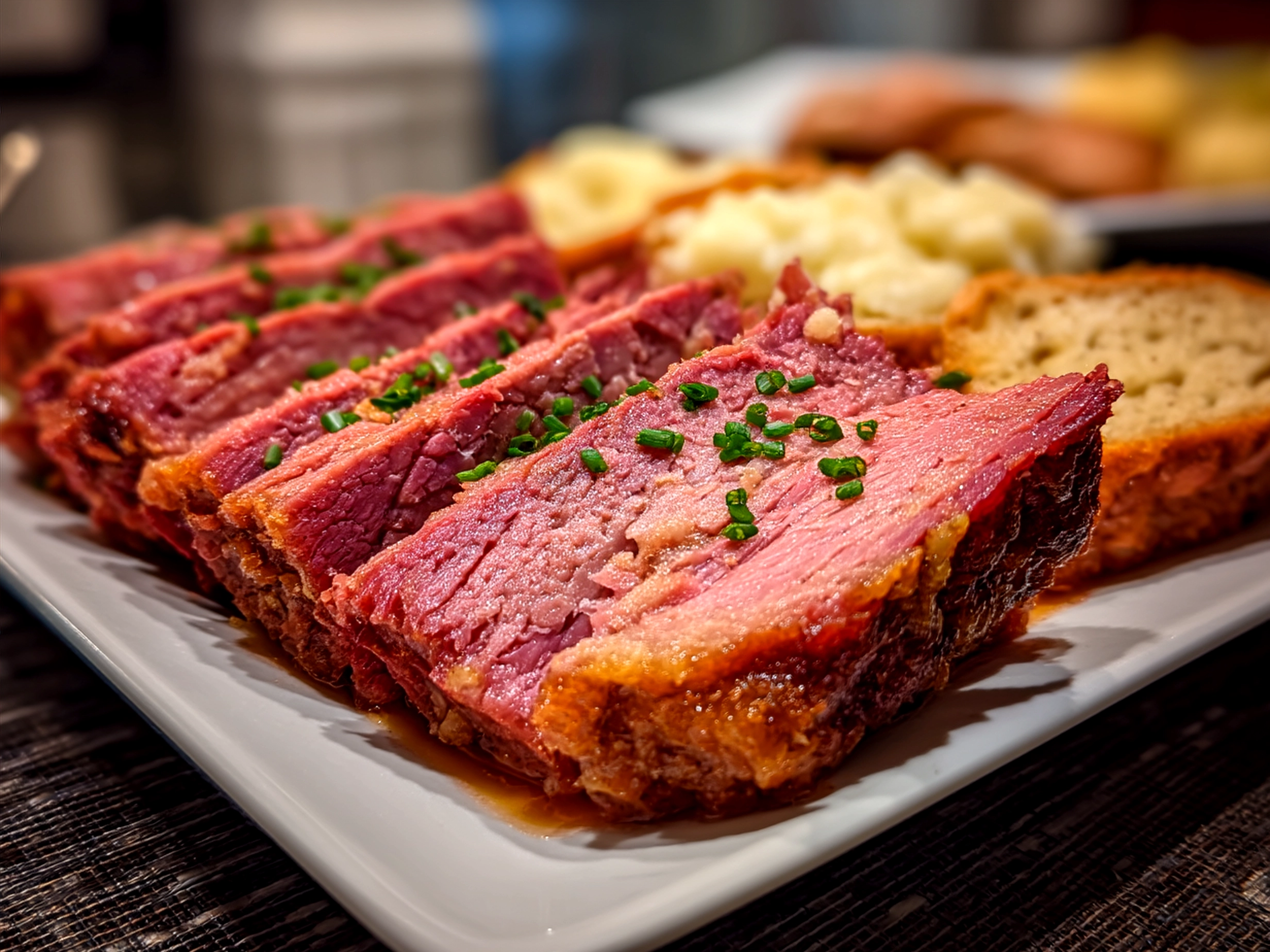 Served Crock Pot Corned Beef with cabbage, carrots, and potatoes on a rustic plate