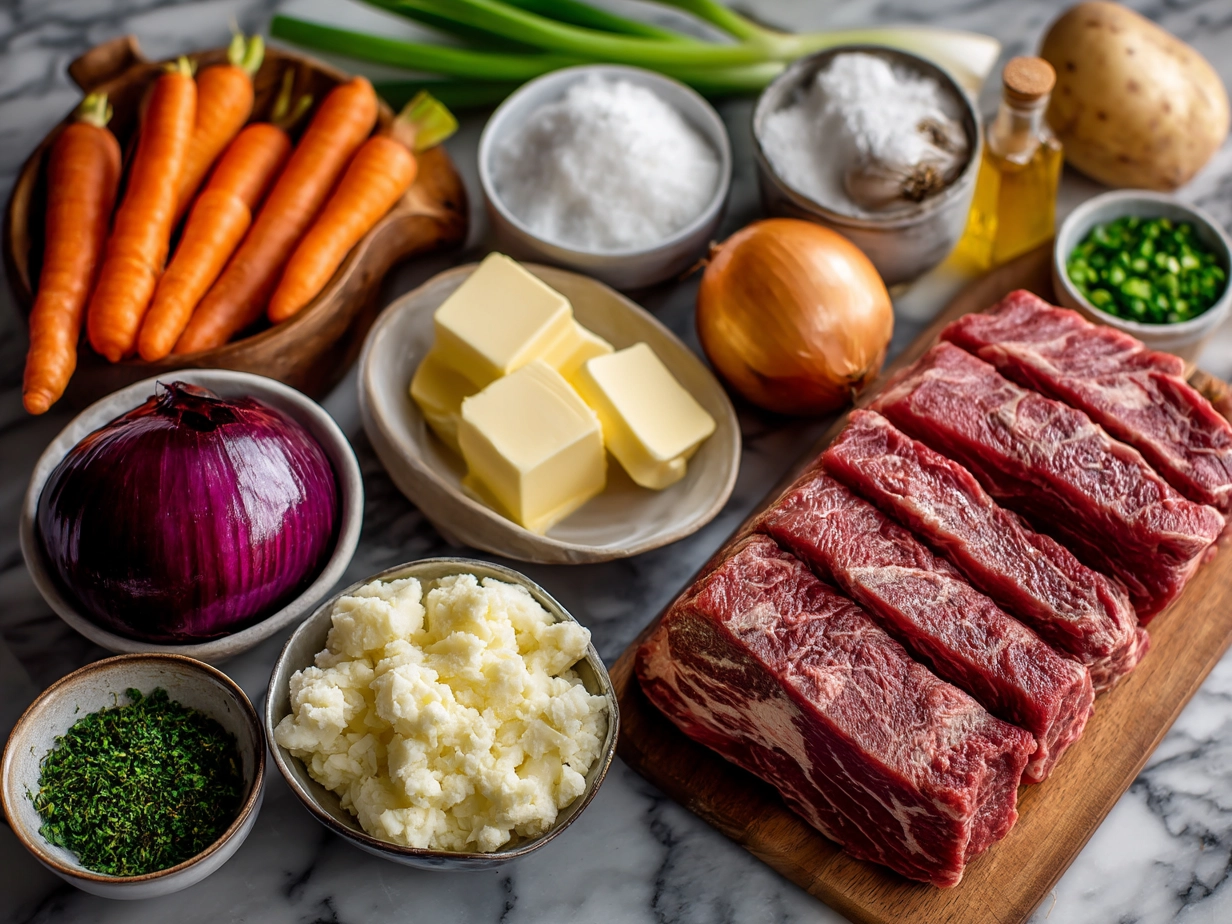 Ingredients for Crock Pot Corned Beef laid out on a counter