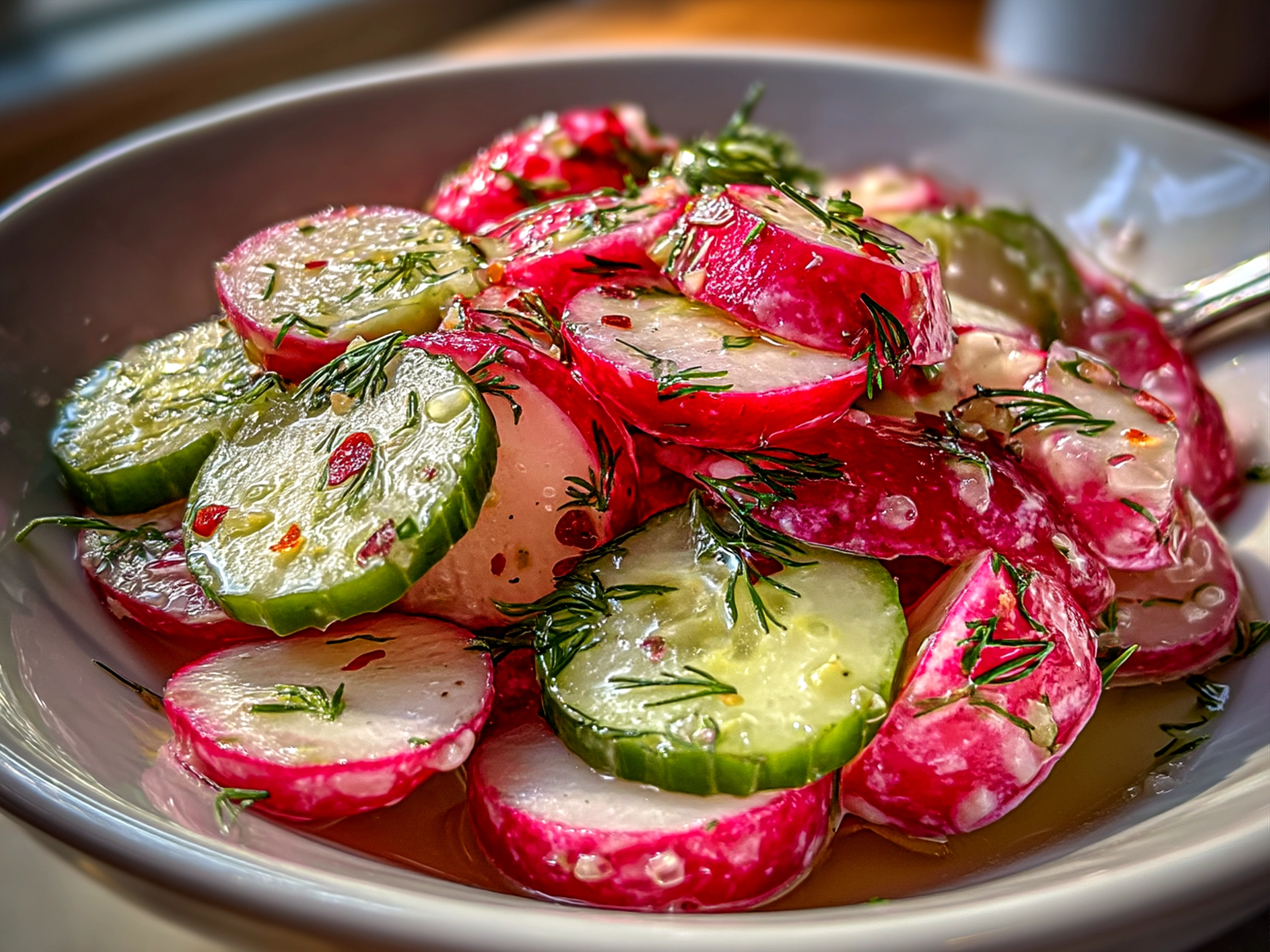 Freshly prepared Cucumber Radish Salad with Dill served in a glass bowl