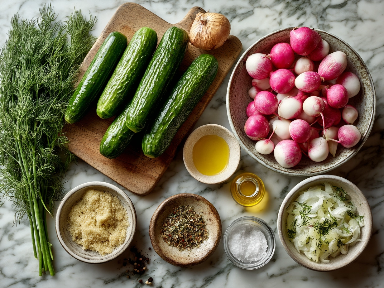 Ingredients for Cucumber Radish Salad with Dill arranged on a kitchen counter