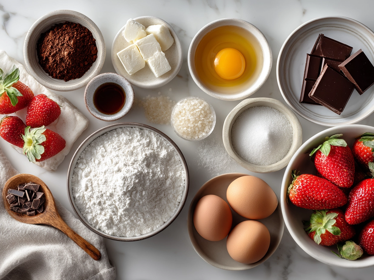 Ingredients for Dubai Chocolate Strawberry Cup including dark chocolate, strawberries, cream, sugar, vanilla, and crushed cookies