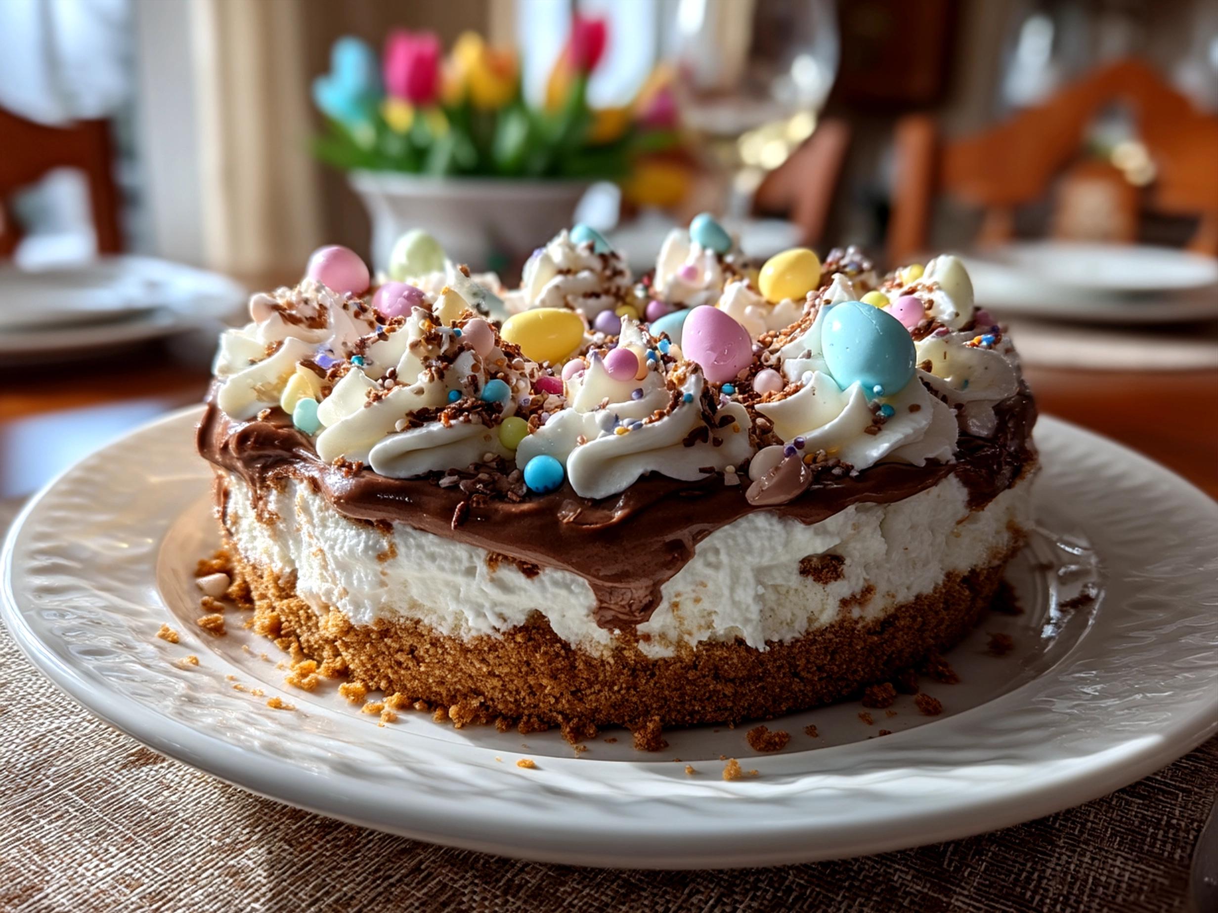 Finished Easter Cookie Cake decorated with colorful icing and sprinkles on a festive table
