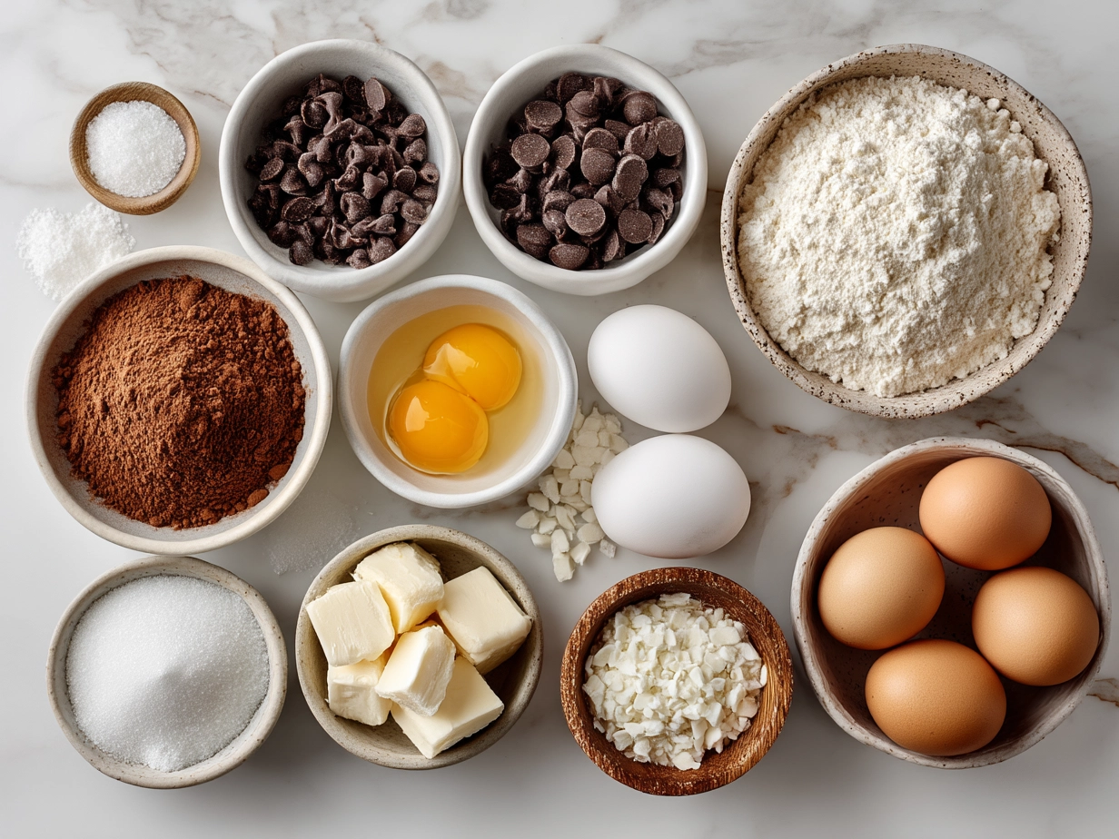 Ingredients for Easter Dirt Cake Casserole including crushed Oreos, cream cheese, instant chocolate pudding, mini marshmallows, and candy eggs