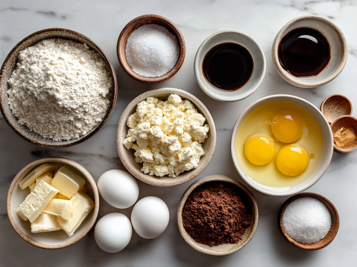 Ingredients for Easter No-Bake Mini Cheesecakes including cream cheese, graham cracker crumbs, powdered sugar, vanilla extract, butter and fresh fruit