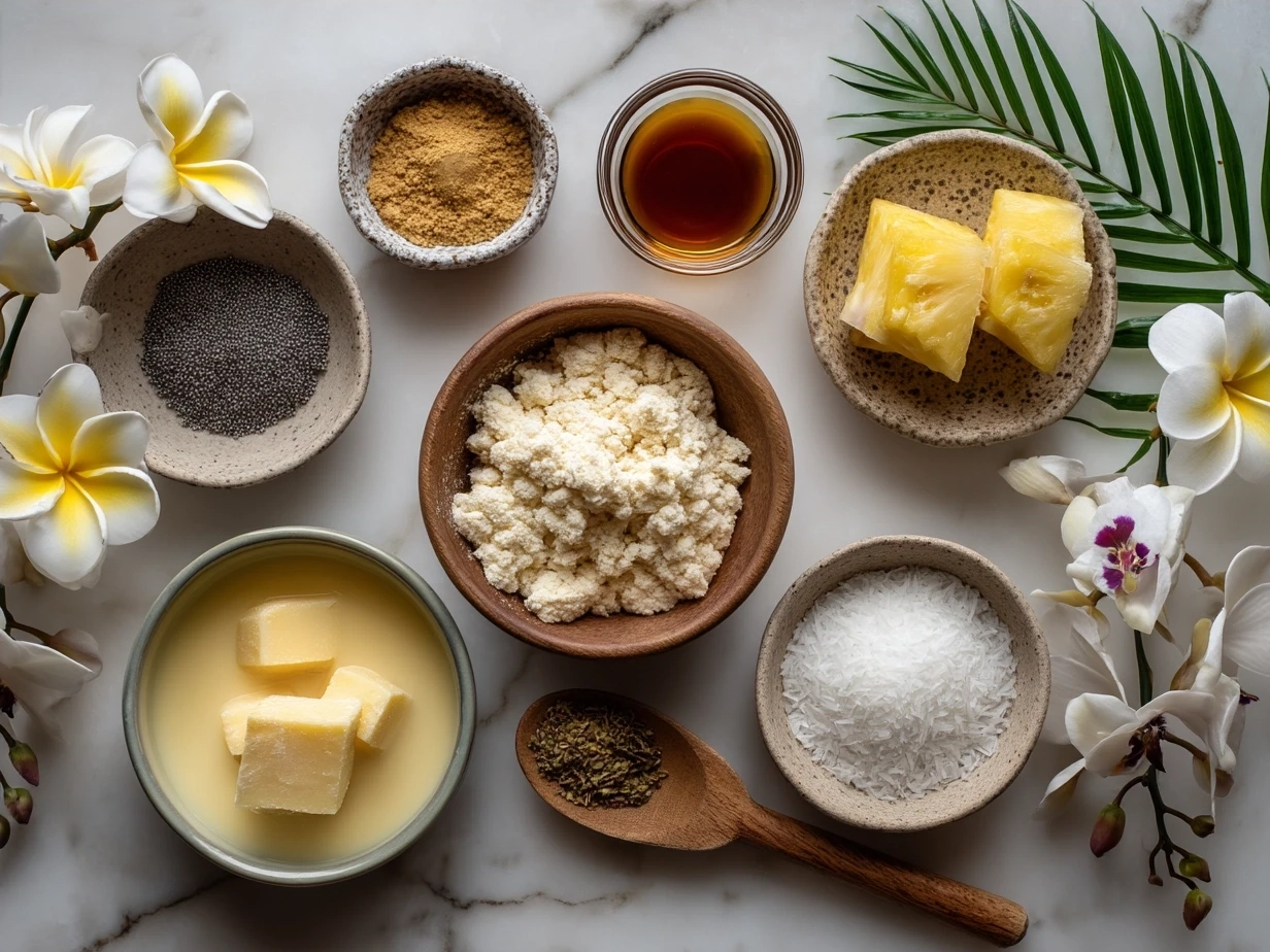 Ingredients for Easter Pineapple Rum Cake laid out on a table