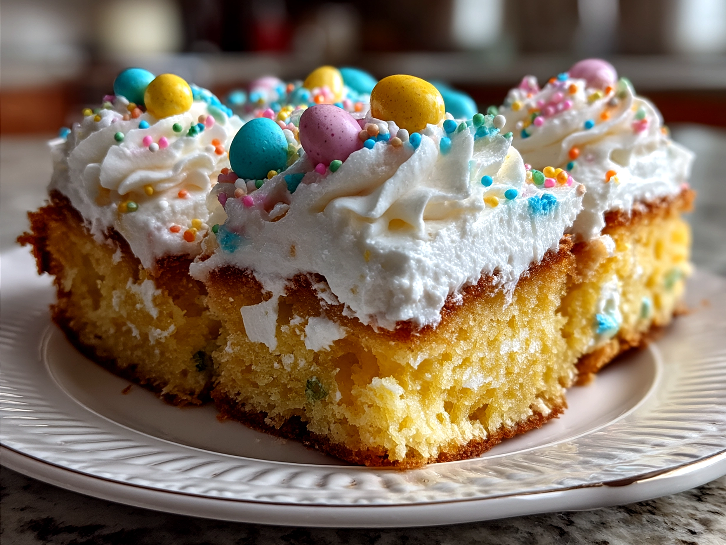 A slice of vibrant Easter Poke Cake decorated with mini pastel Easter eggs