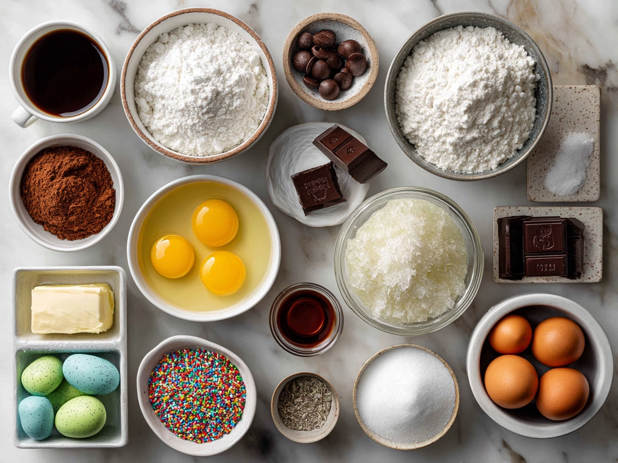 Ingredients for Easter Poke Cake laid out on a table