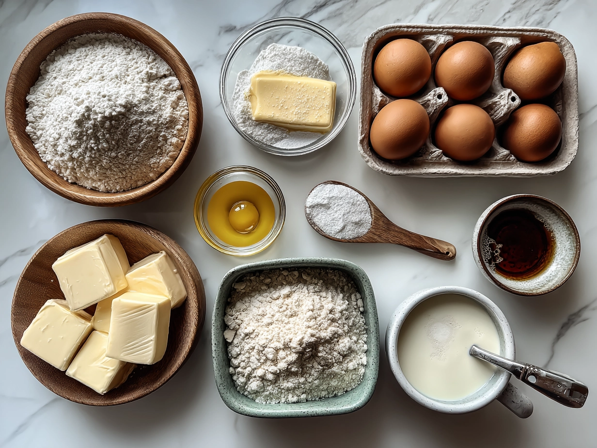 Ingredients laid out for Easter Swirl Pie including cream cheese, fruit, eggs, sugar, and pie crust