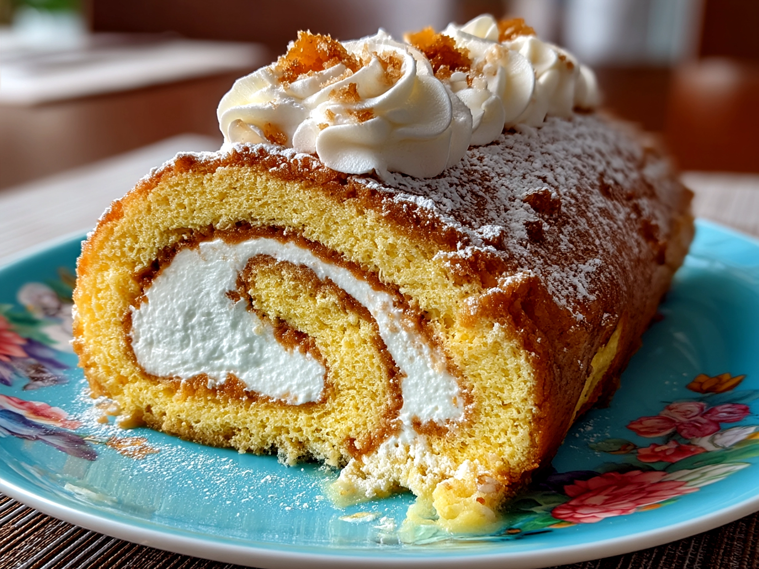 Slice of Easter Swiss Roll on a plate garnished with fresh berries