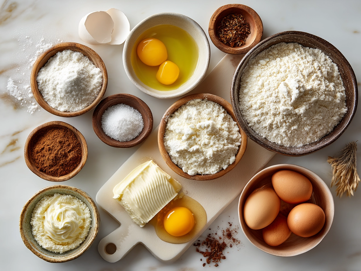 Ingredients laid out for making Easter Swiss Roll including eggs, flour, sugar, and cream