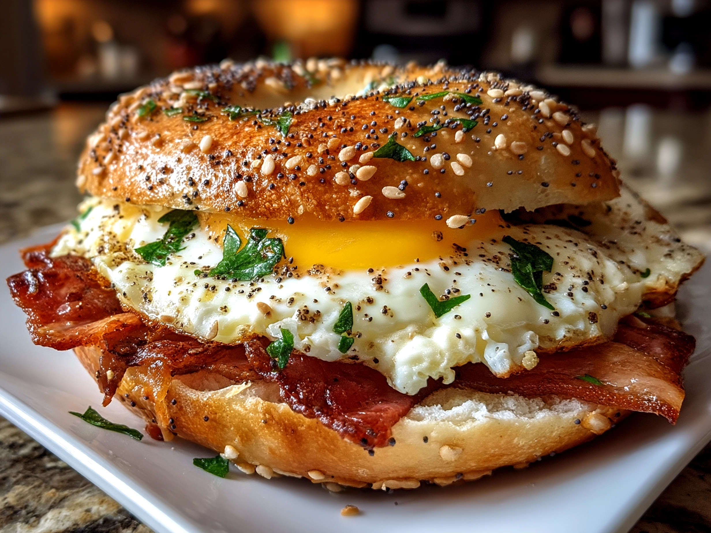 Finished Everything Bagel Breakfast Sandwich served on a plate with fresh greens and fruit