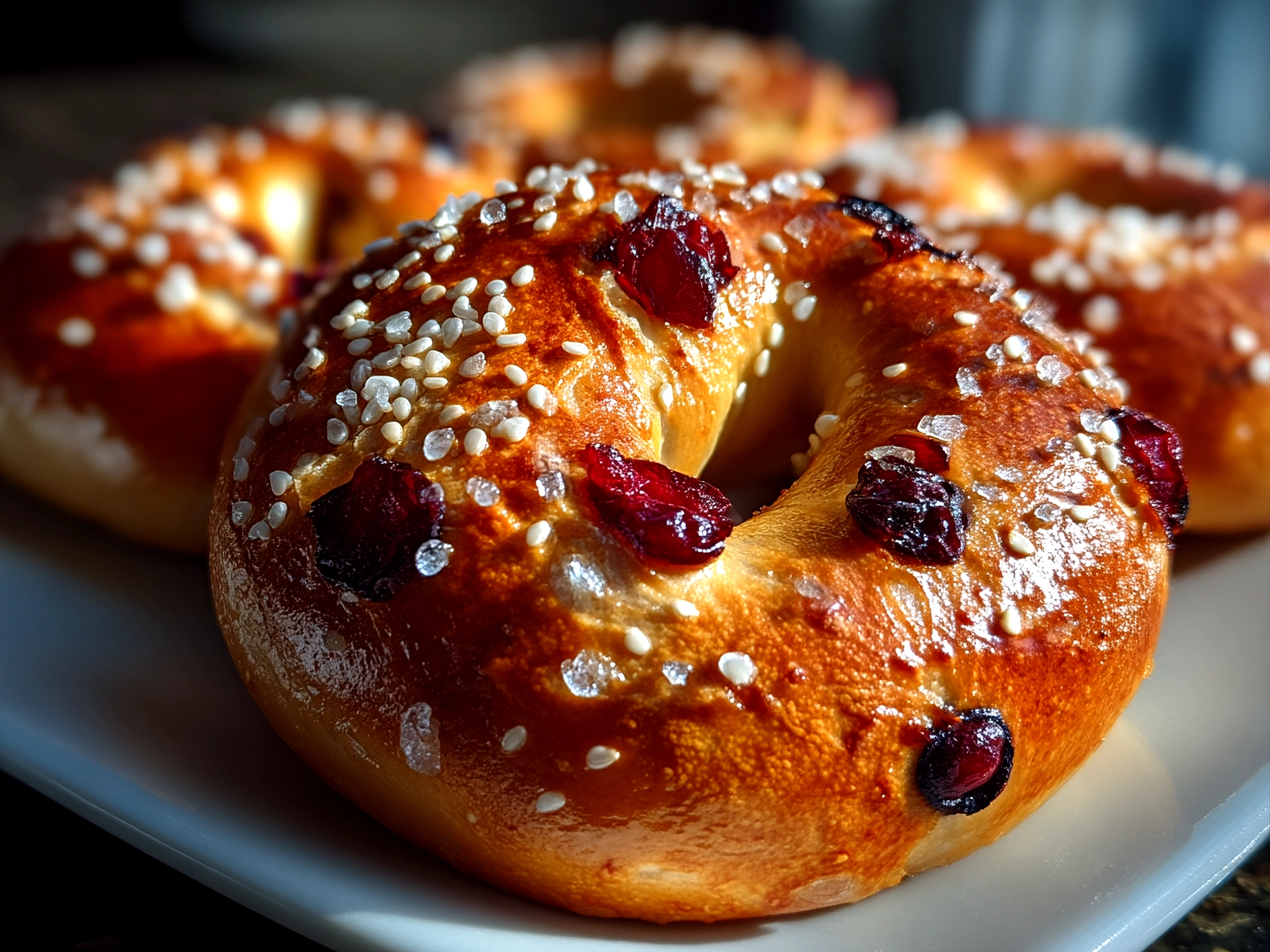 Finished blueberry bagels with a glossy surface displayed on a wooden board