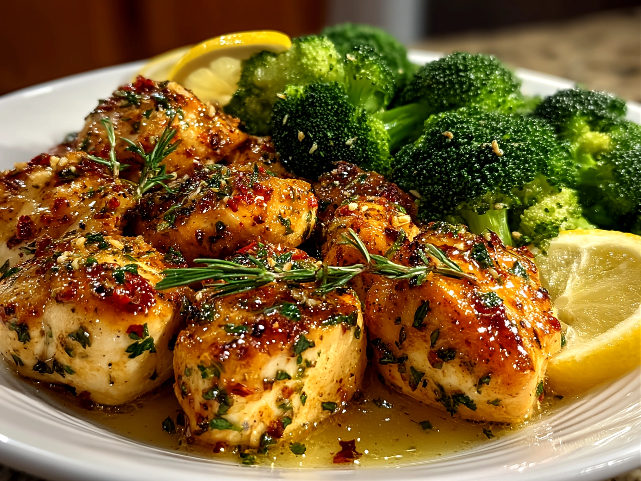 Plated Cowboy Butter Lemon Bowtie Chicken with Broccoli ready to serve