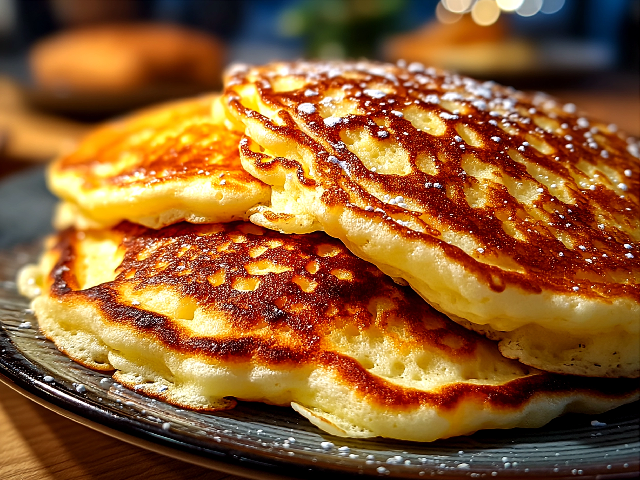 Stack of Fluffy Homemade Pancakes served with butter and syrup