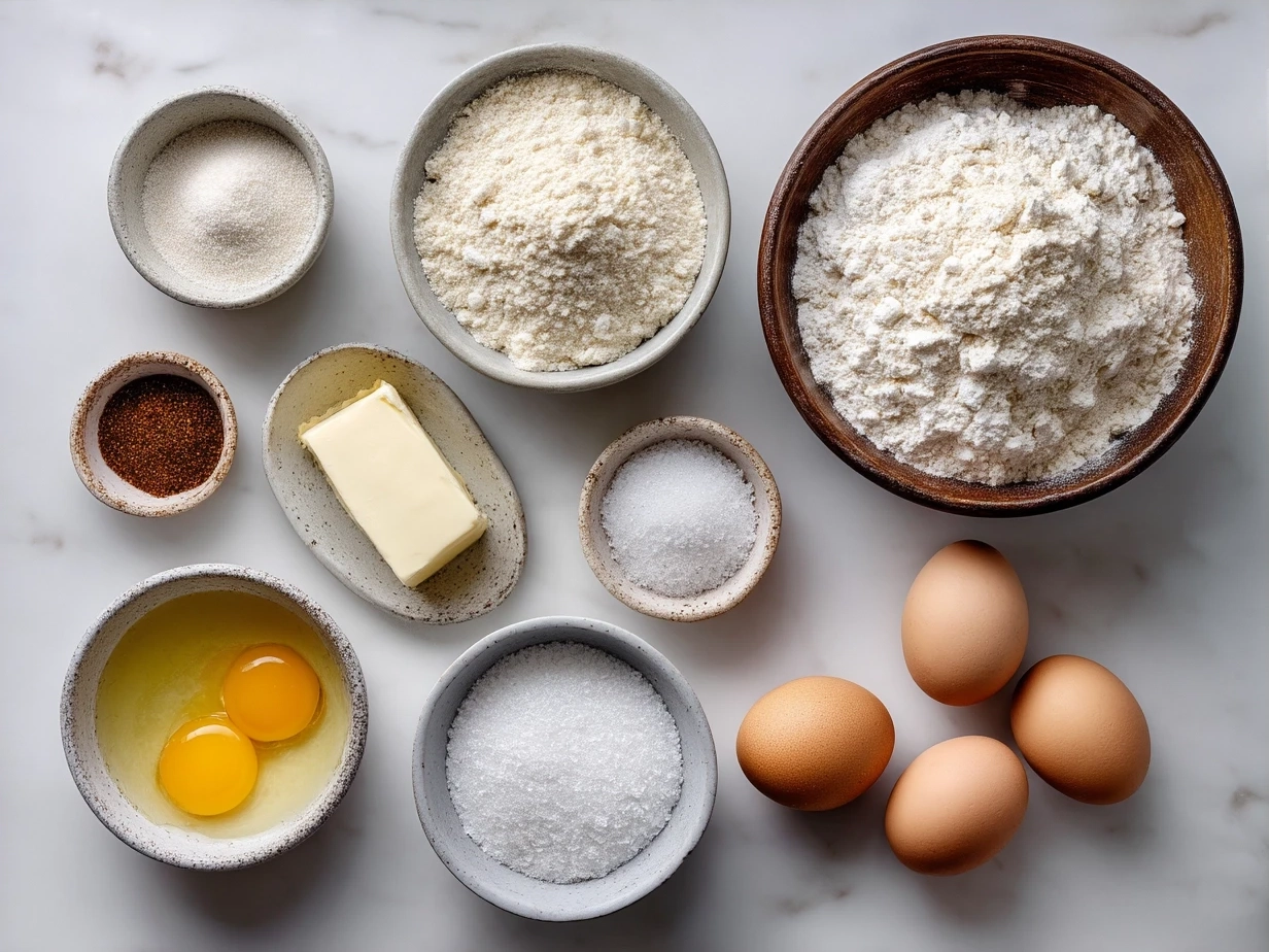 Ingredients for Fluffy Homemade Pancakes on a wooden table with measuring spoons and bowls
