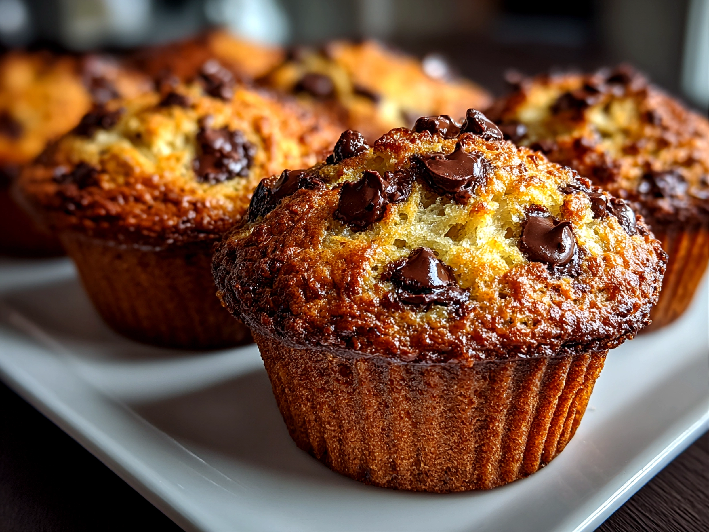 Food blogger, taken with iPhone 15 Pro Max. Close-up slight angle of freshly prepared sourdough chocolate chip muffins on white plate. Mouthwatering --ar 4:3 --style raw --s 240