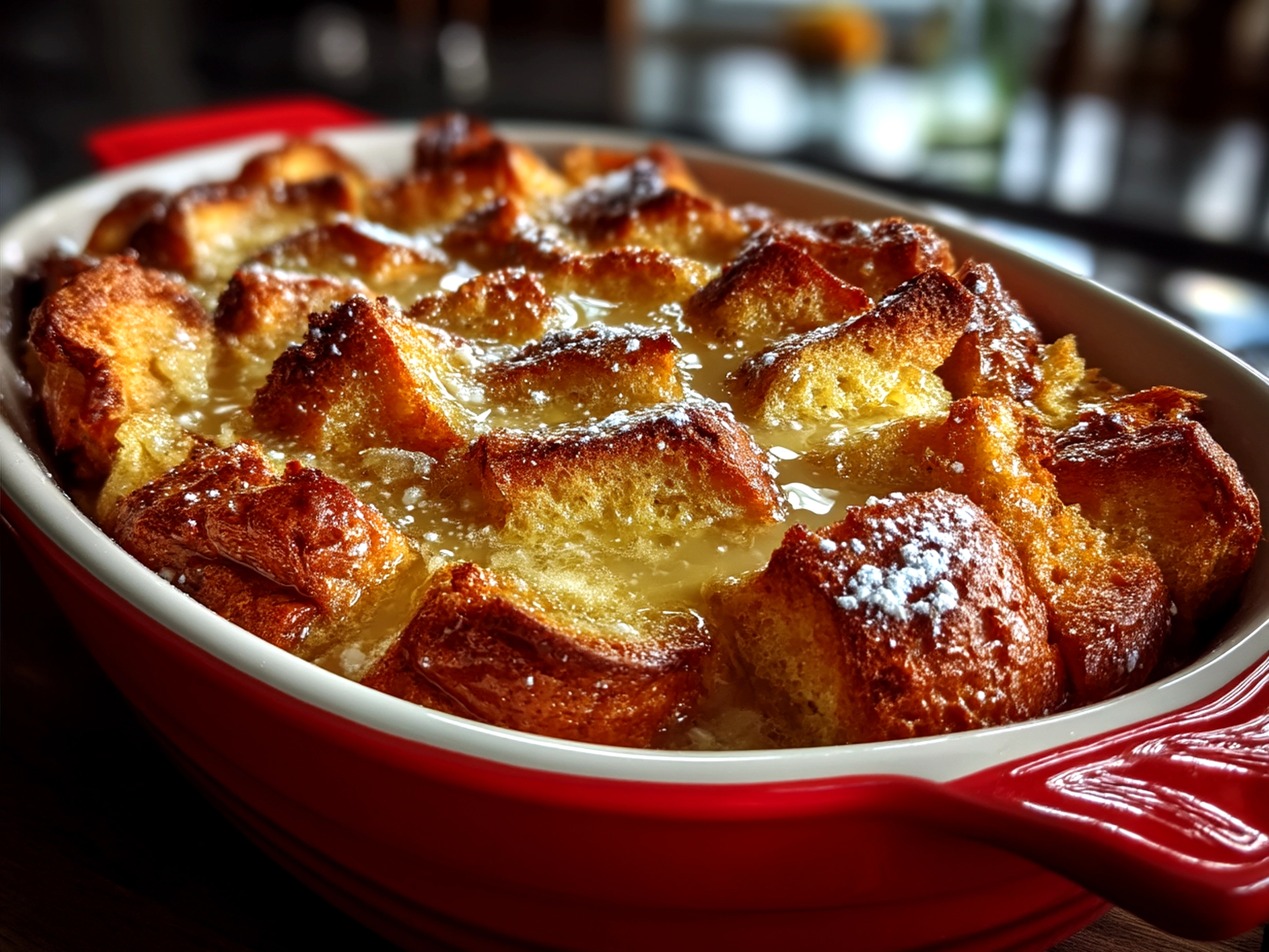 Freshly baked French Toast Bake served warm with cinnamon sugar crust