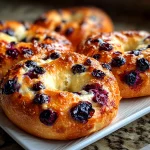 Freshly baked blueberry bagels on white plate