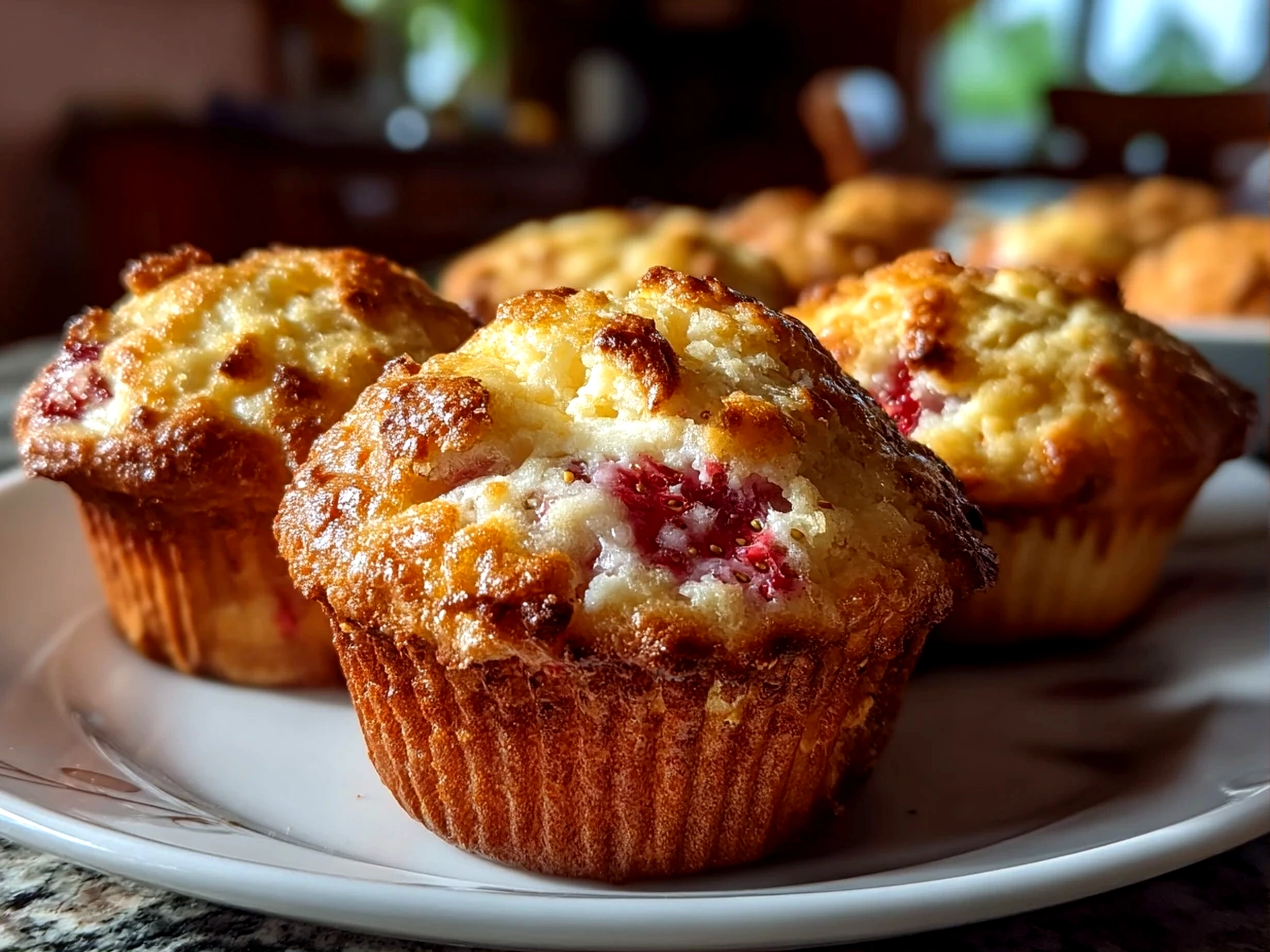 Freshly baked strawberry cream cheese muffins on white plate