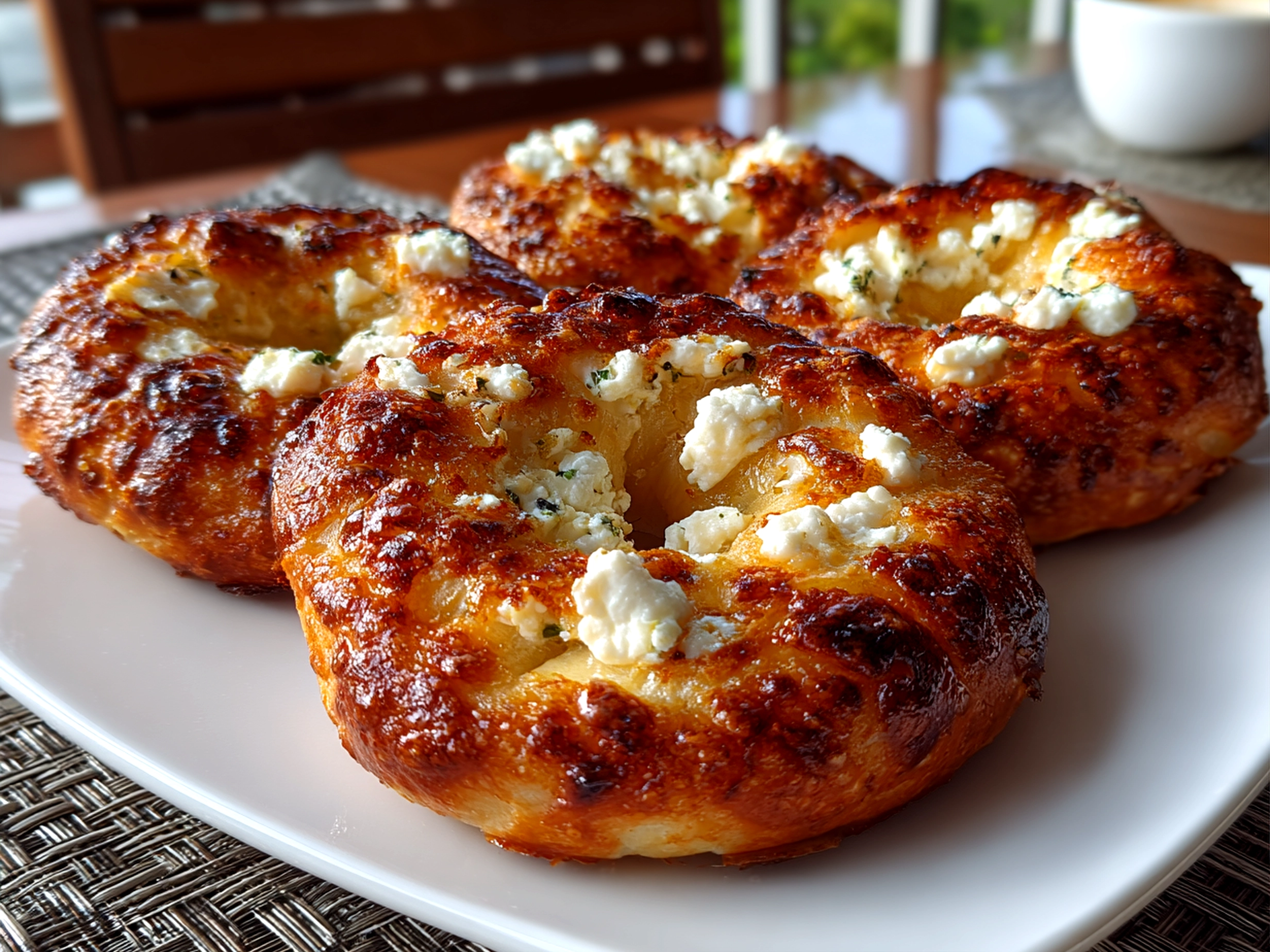 Freshly prepared Keto Cottage Cheese Bagels on white plate