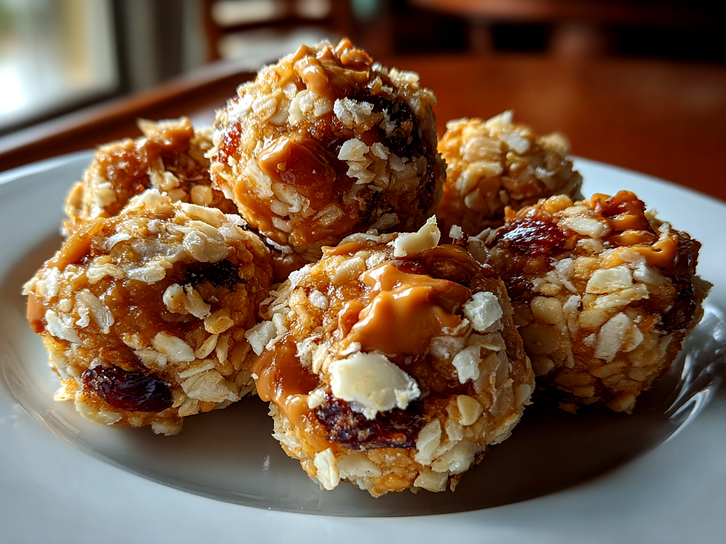Freshly prepared Peanut Butter Balls with Rice Krispies on white plate