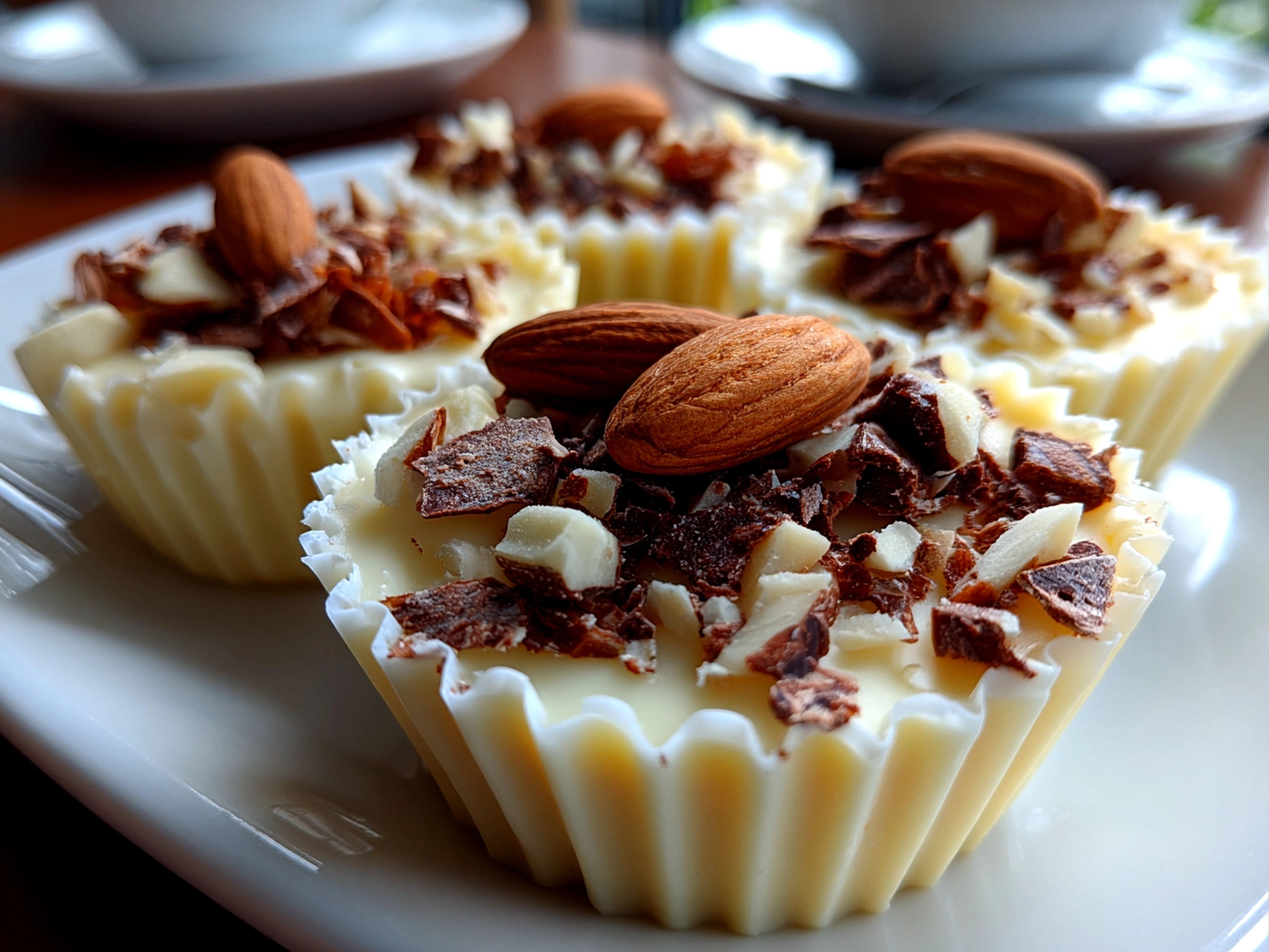 Freshly prepared white chocolate peanut butter cups on clean counter