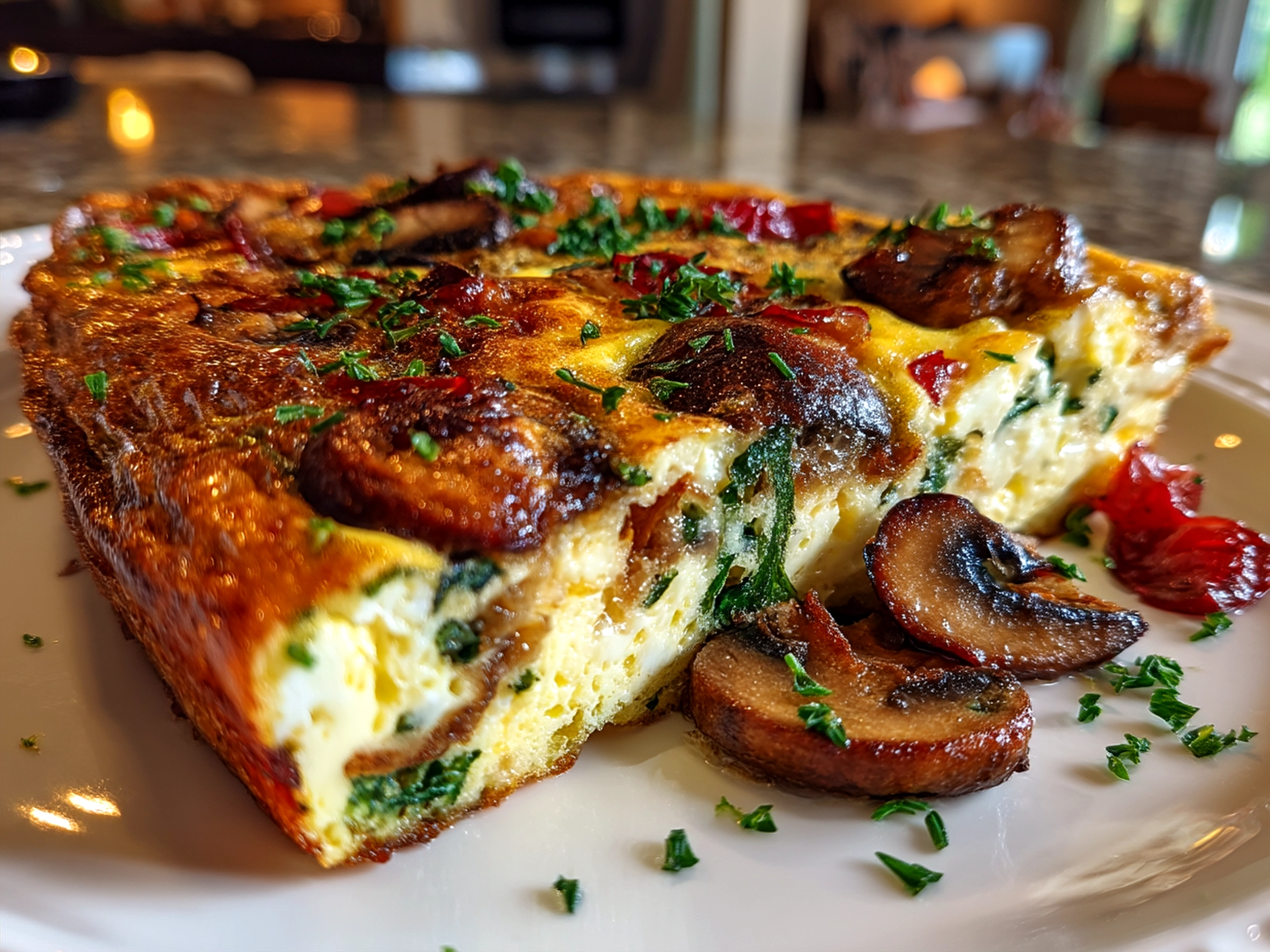 A warm, sliced frittata served on a rustic wooden board garnished with fresh herbs.