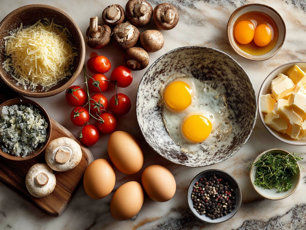 Ingredients for making a delicious frittata including eggs, cheese, vegetables, and herbs.