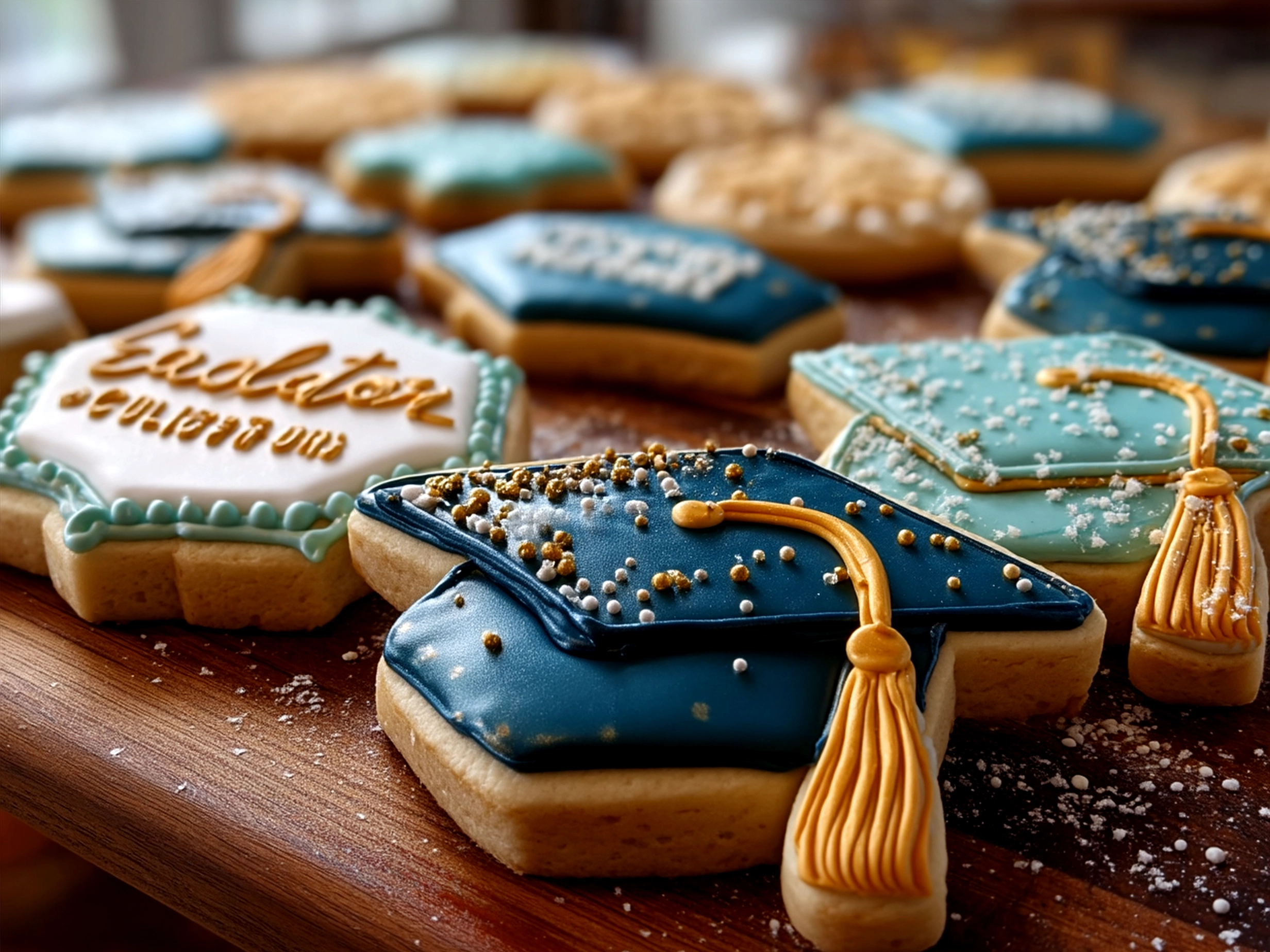 Platter with decorated black and gold Graduation Cap Cookies served at a graduation party.