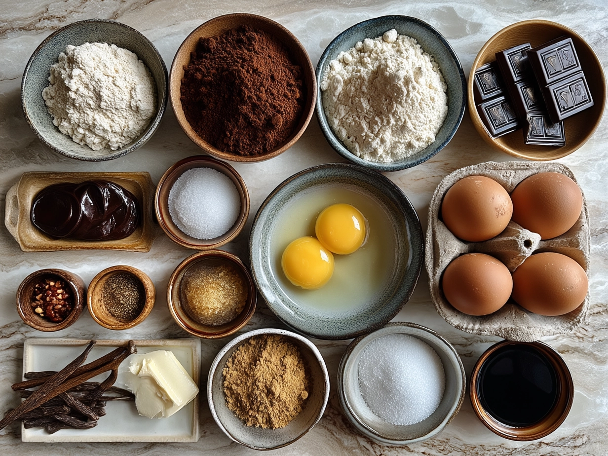 Ingredients for Guinness Chocolate Cake laid out on a kitchen counter