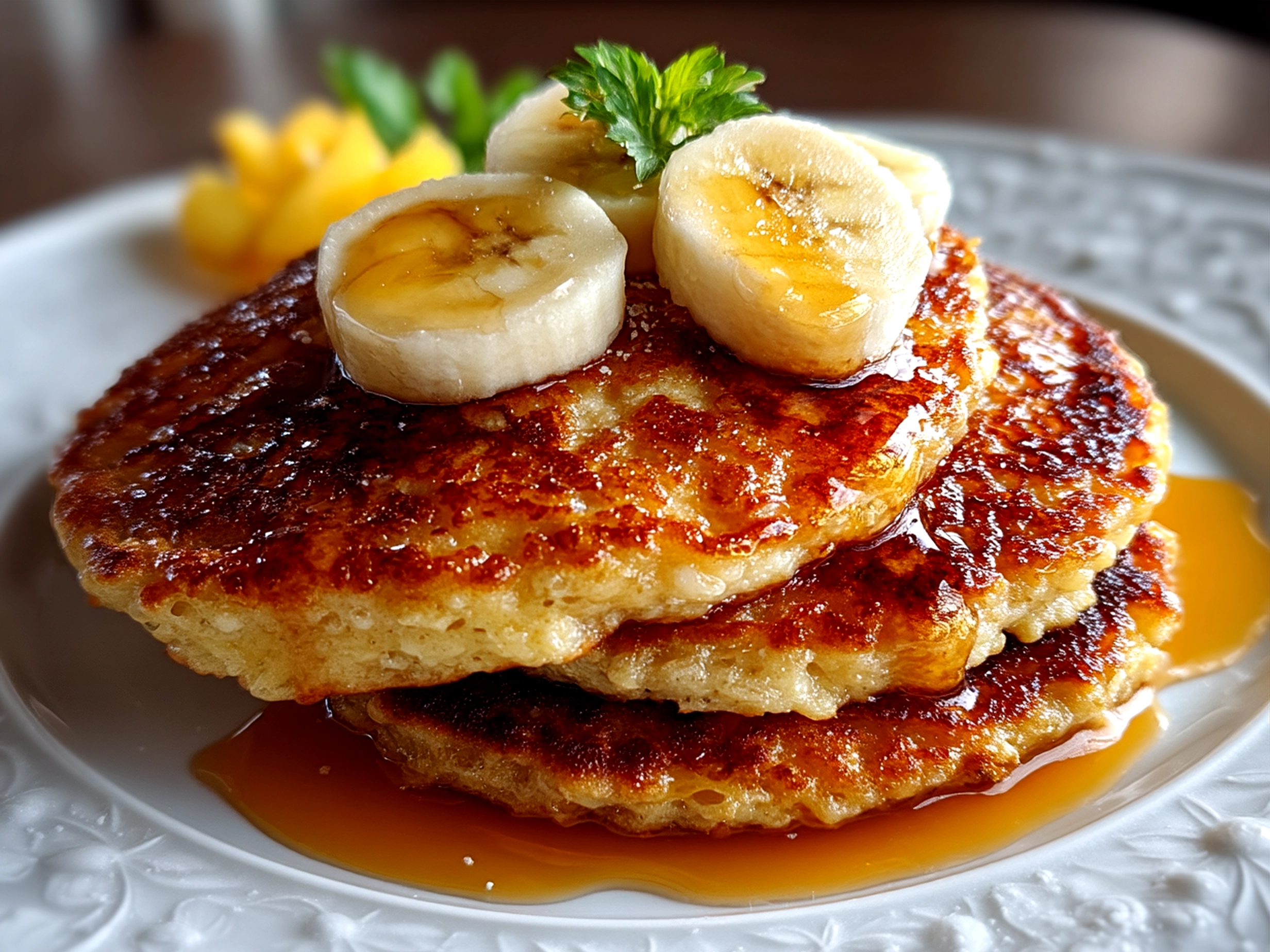 Stack of Healthy Banana Oatmeal Pancakes served with syrup and fruit