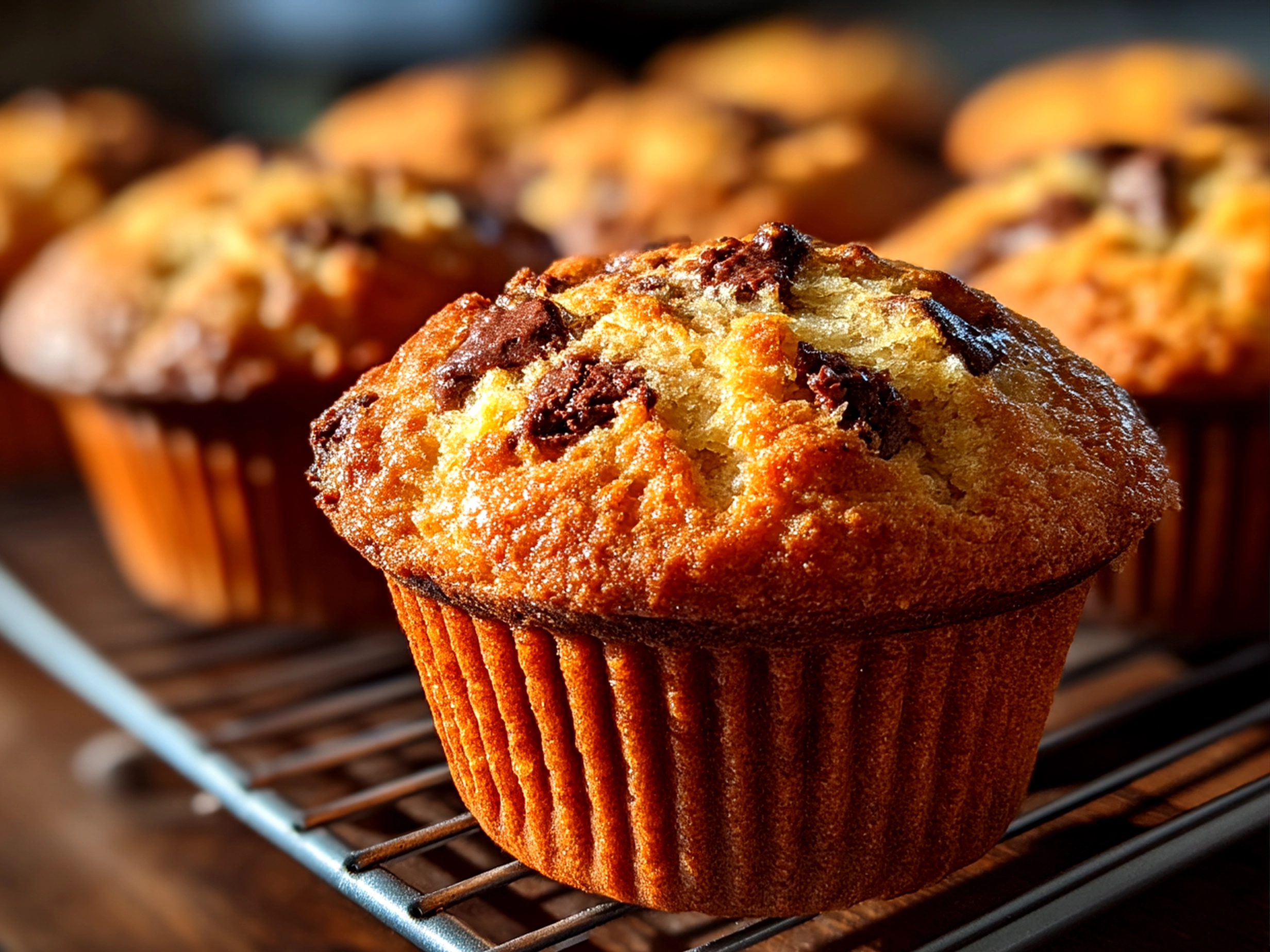 Close up of freshly baked sourdough chocolate chip muffins served on a plate