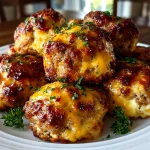 Homemade Cheddar Bay Sausage Balls on white plate