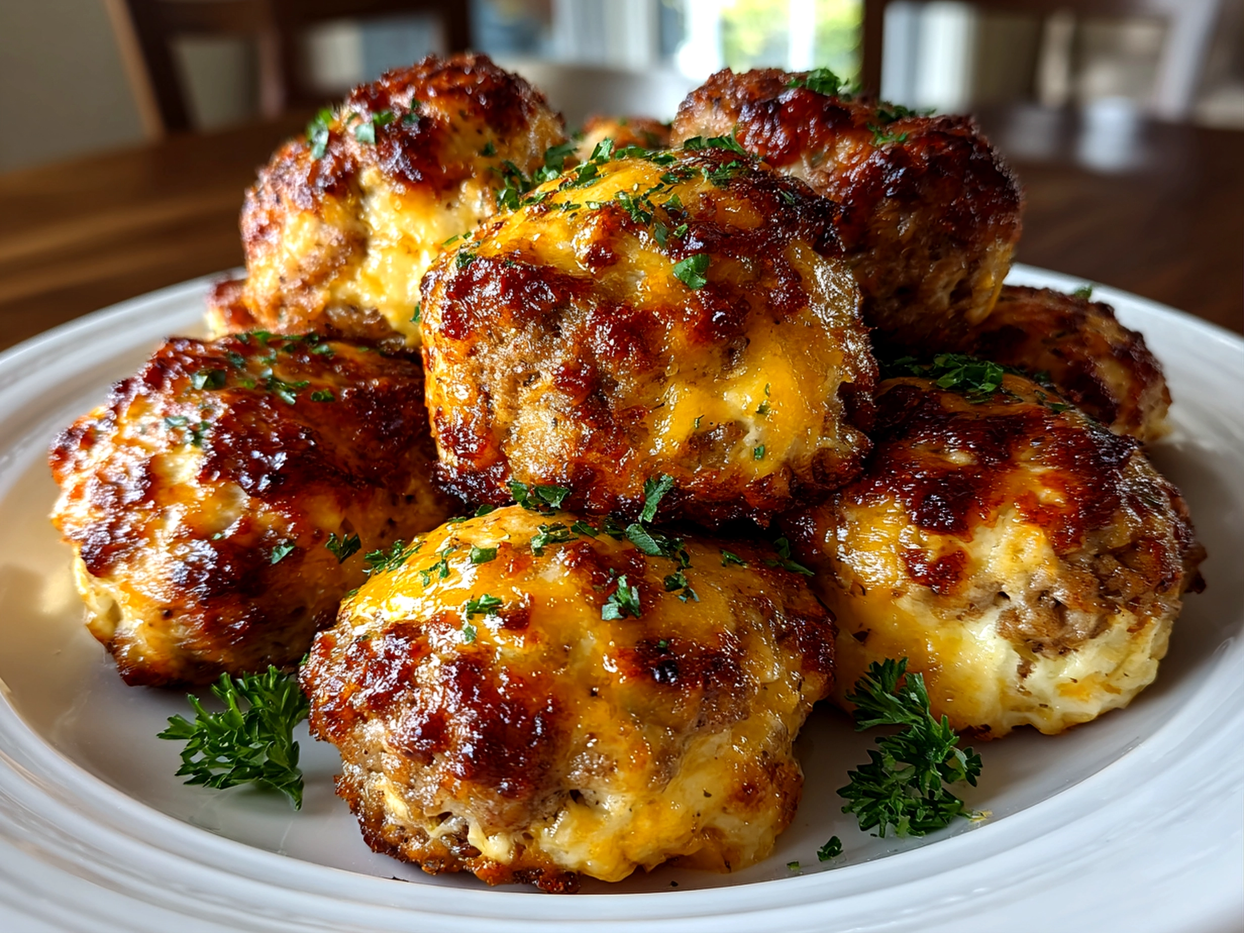 Homemade Cheddar Bay Sausage Balls on white plate
