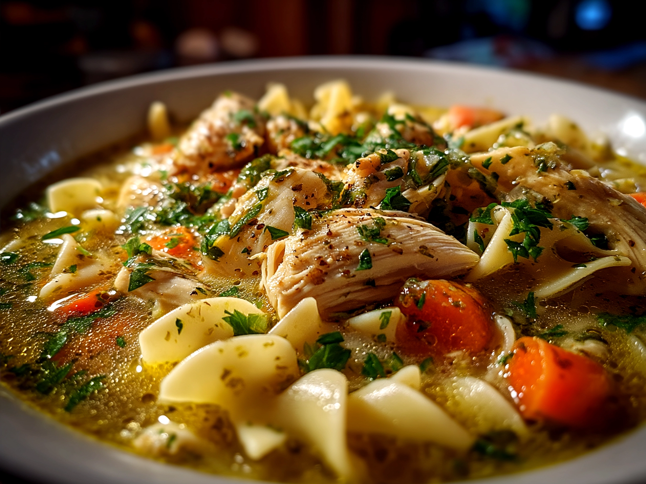 A steaming bowl of Homemade Chicken Noodle Soup garnished with fresh parsley
