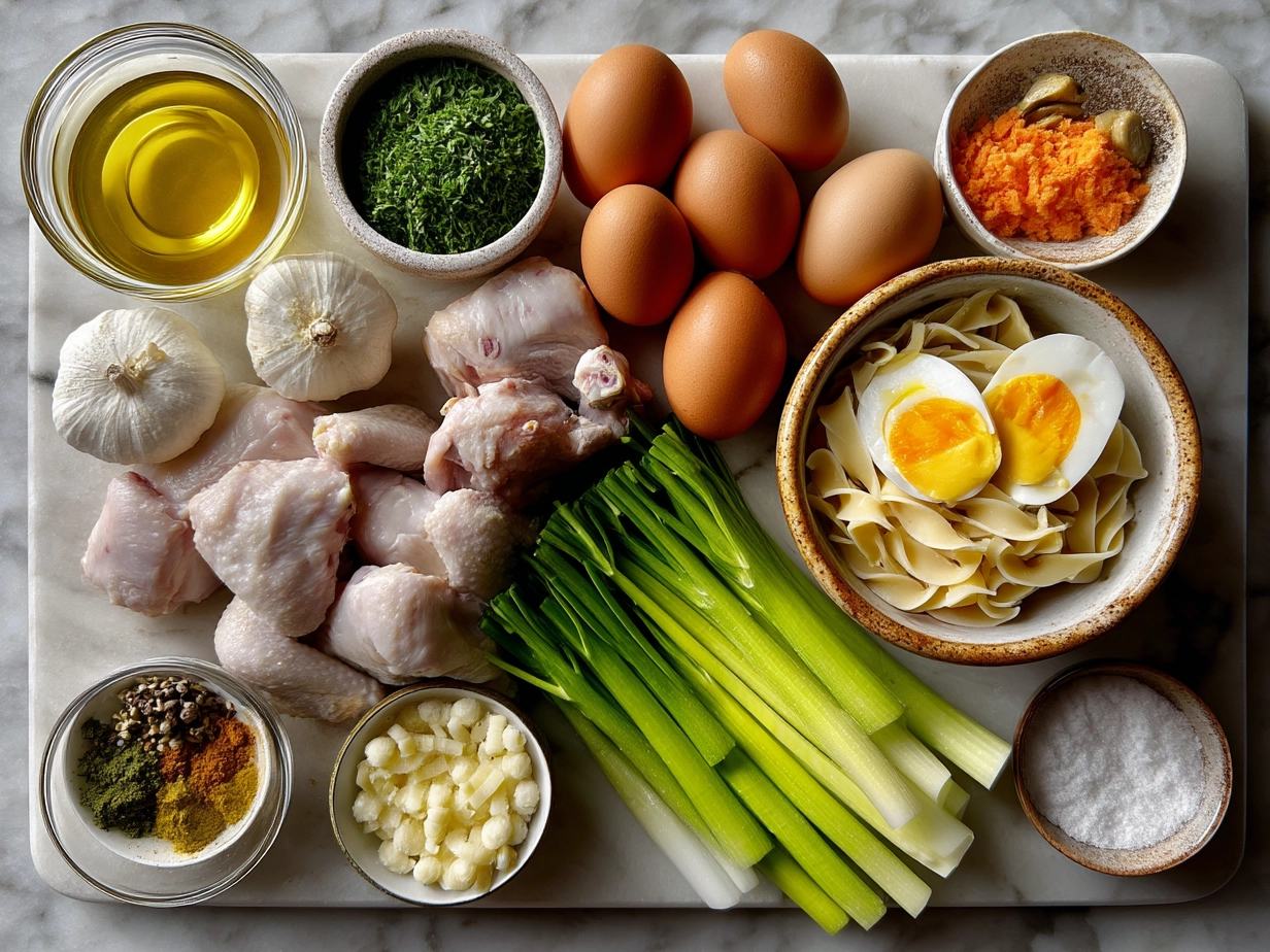 Fresh ingredients for Homemade Chicken Noodle Soup including carrots, celery, onion, and chicken broth