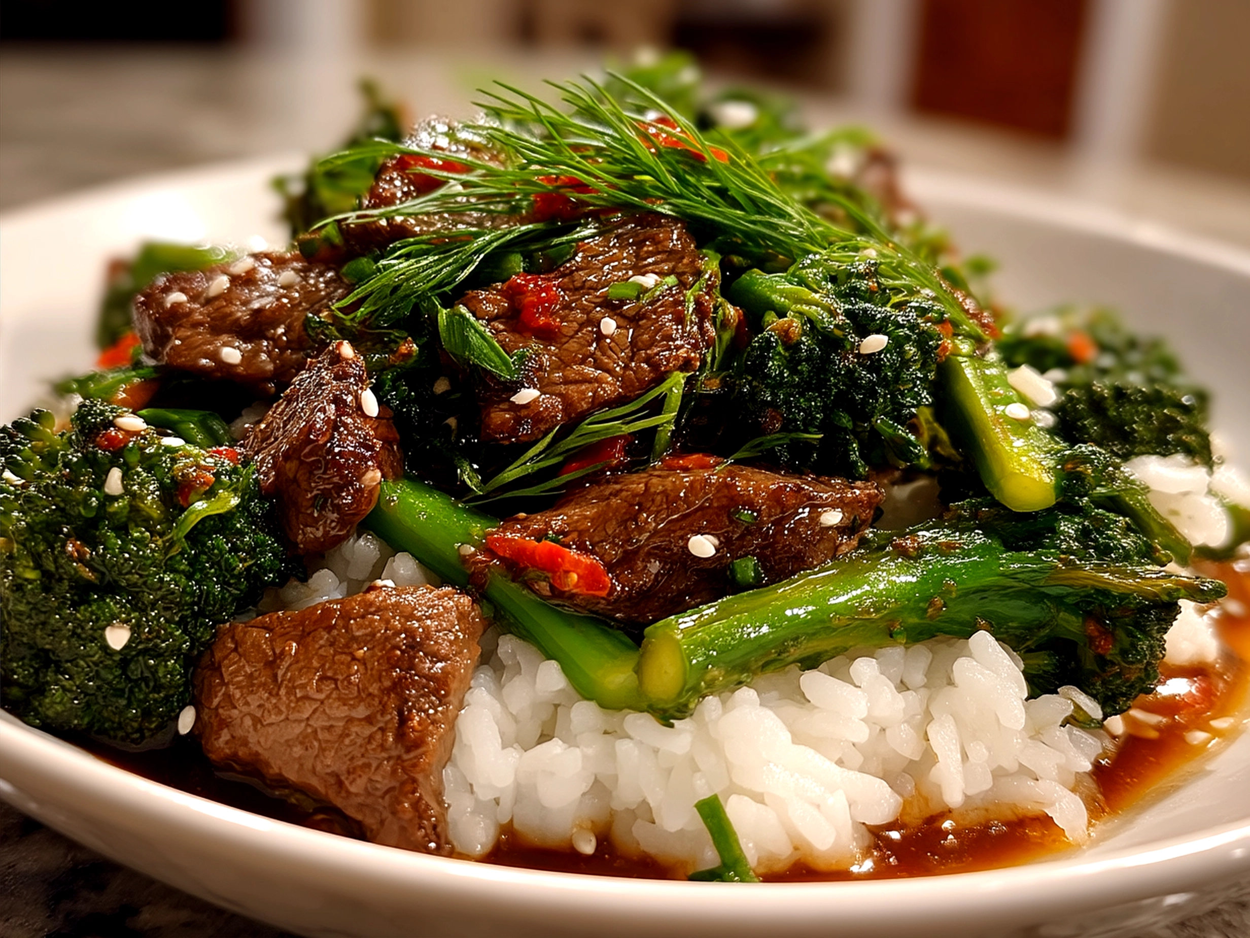 Finished Instant Pot Beef Broccoli served with steamed rice and garnished with sesame seeds and scallions
