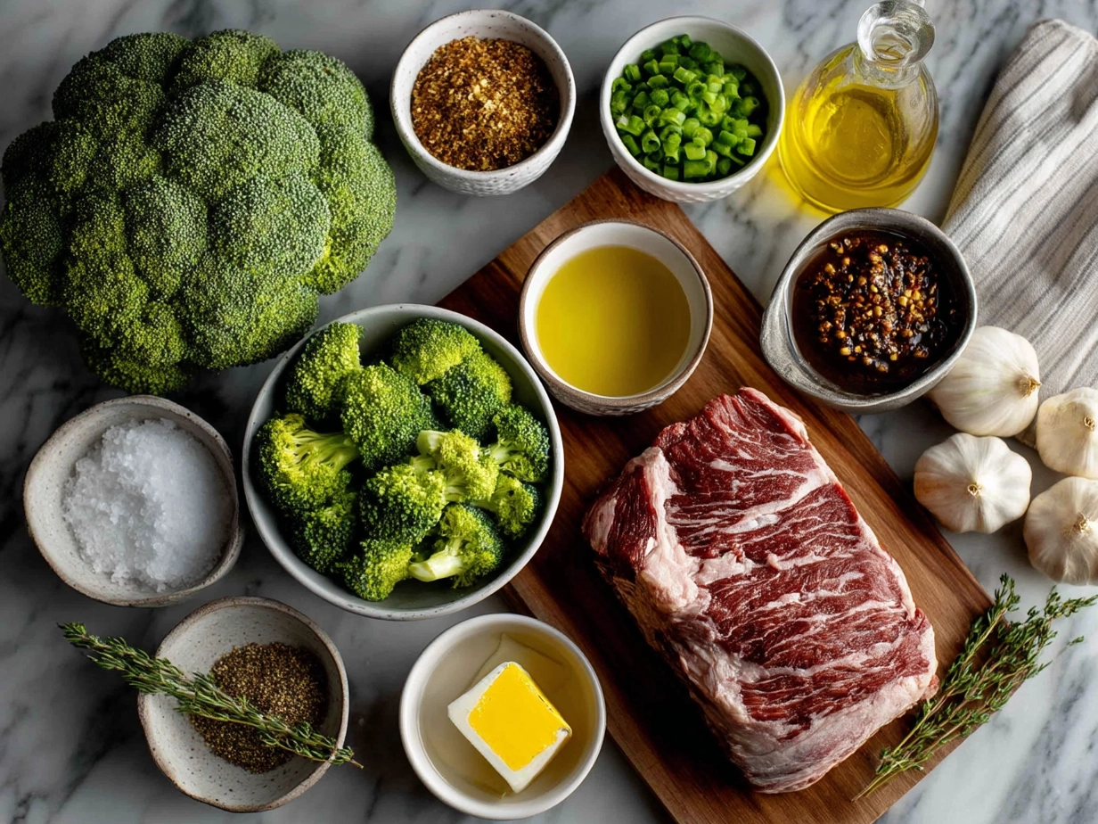 Fresh ingredients for making Instant Pot Beef Broccoli laid out on a kitchen counter