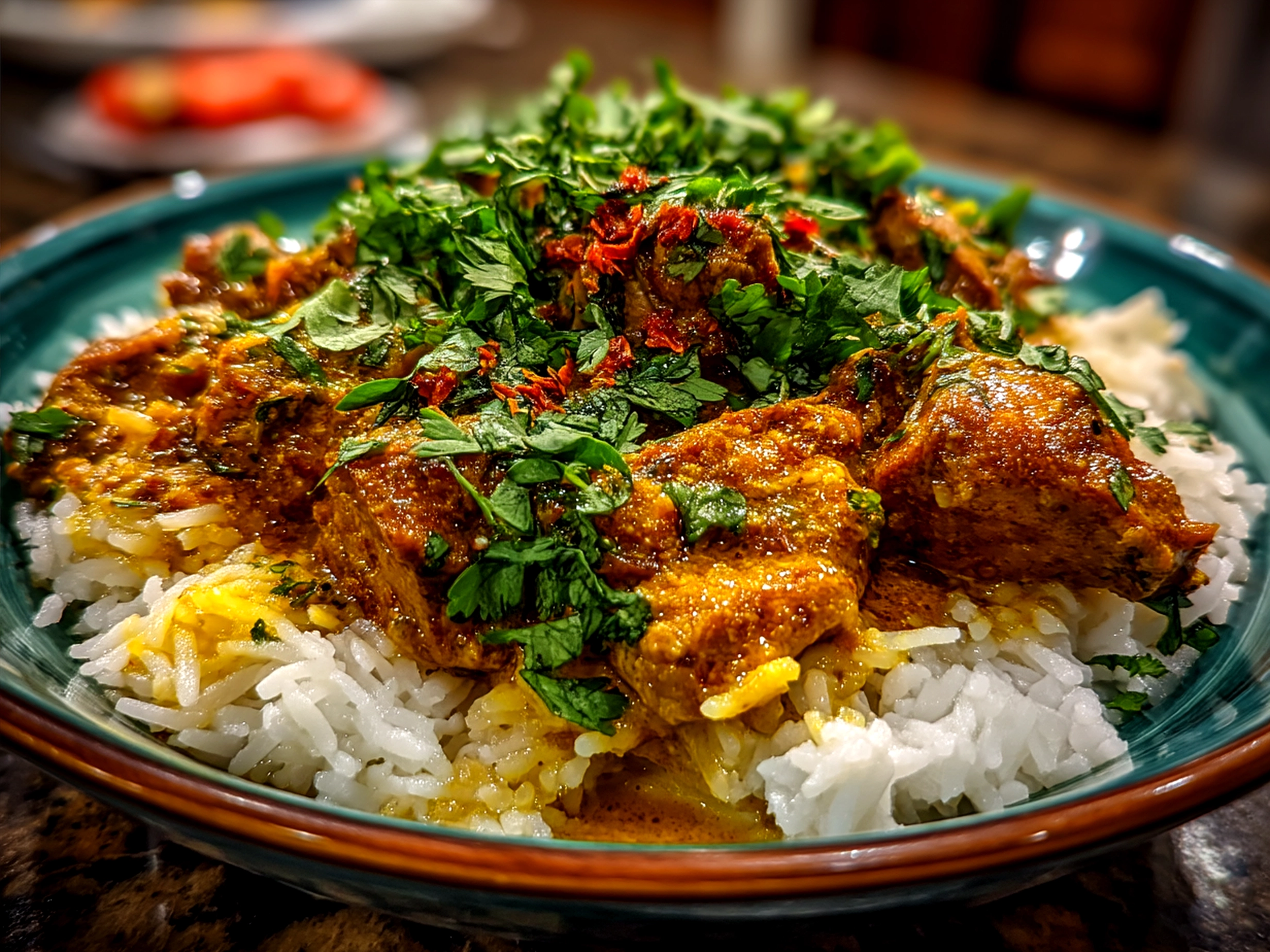 Creamy Instant Pot Butter Chicken served garnished with fresh cilantro