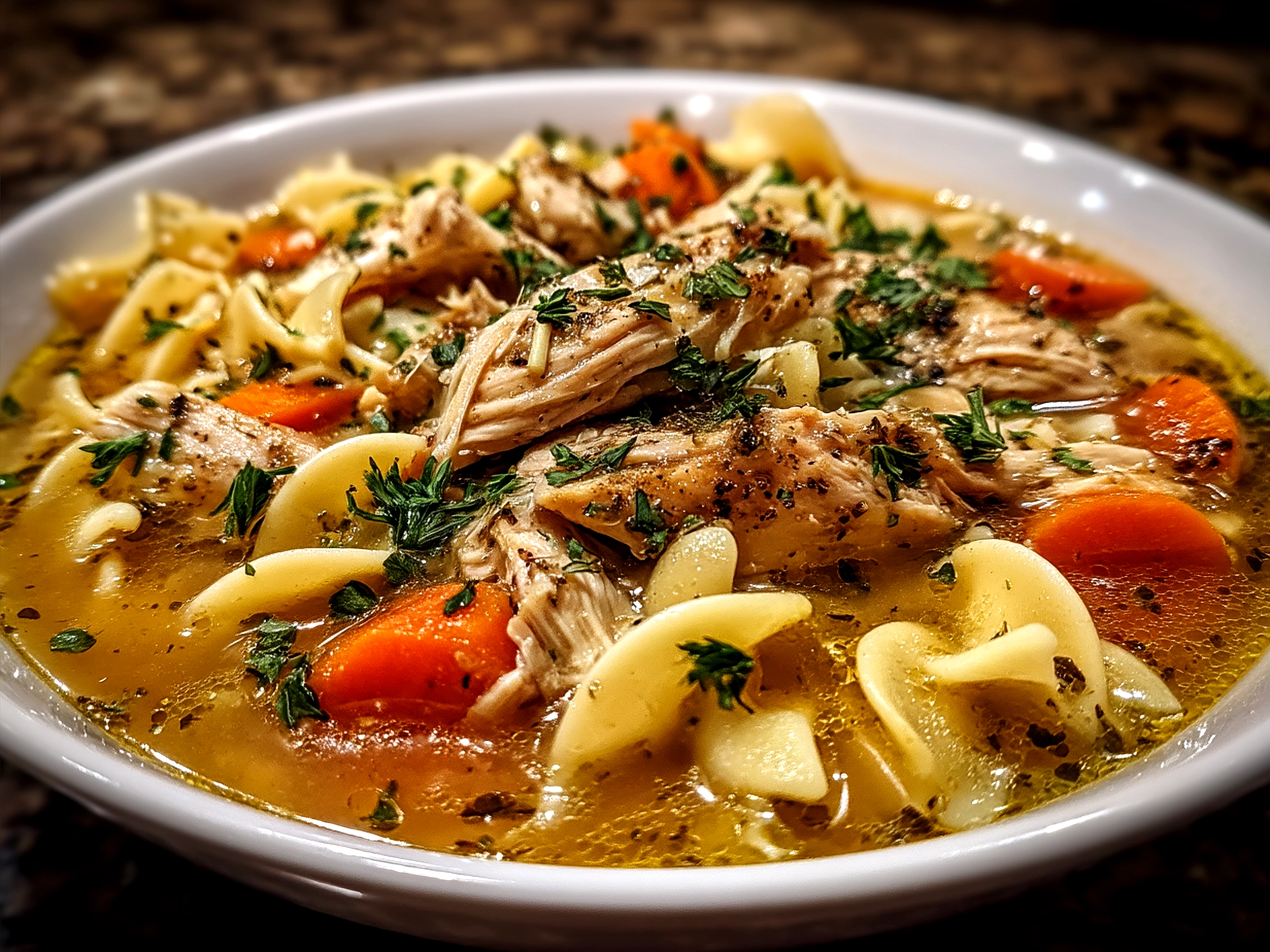 Serving bowl of Instant Pot Chicken Noodle Soup garnished with parsley on a wooden table