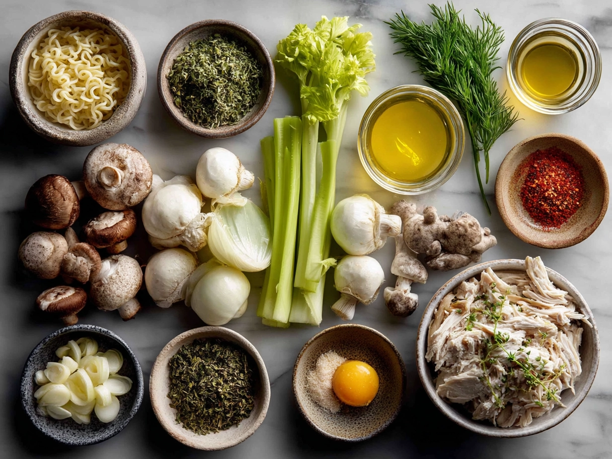 Ingredients for Instant Pot Chicken Noodle Soup including carrots, celery, chicken broth, and raw chicken