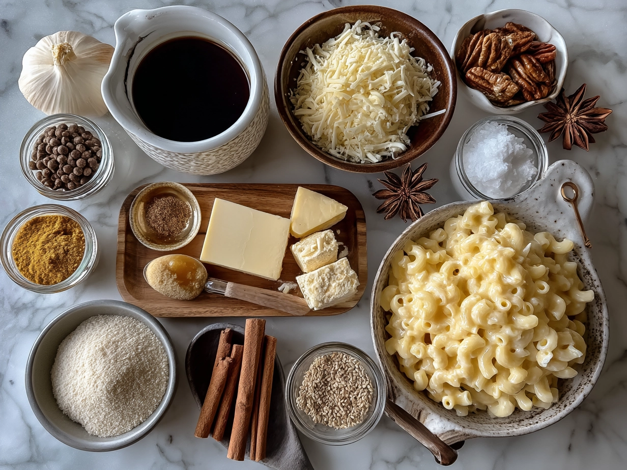 Ingredients for creamy Instant Pot mac and cheese, including elbow macaroni and shredded cheese