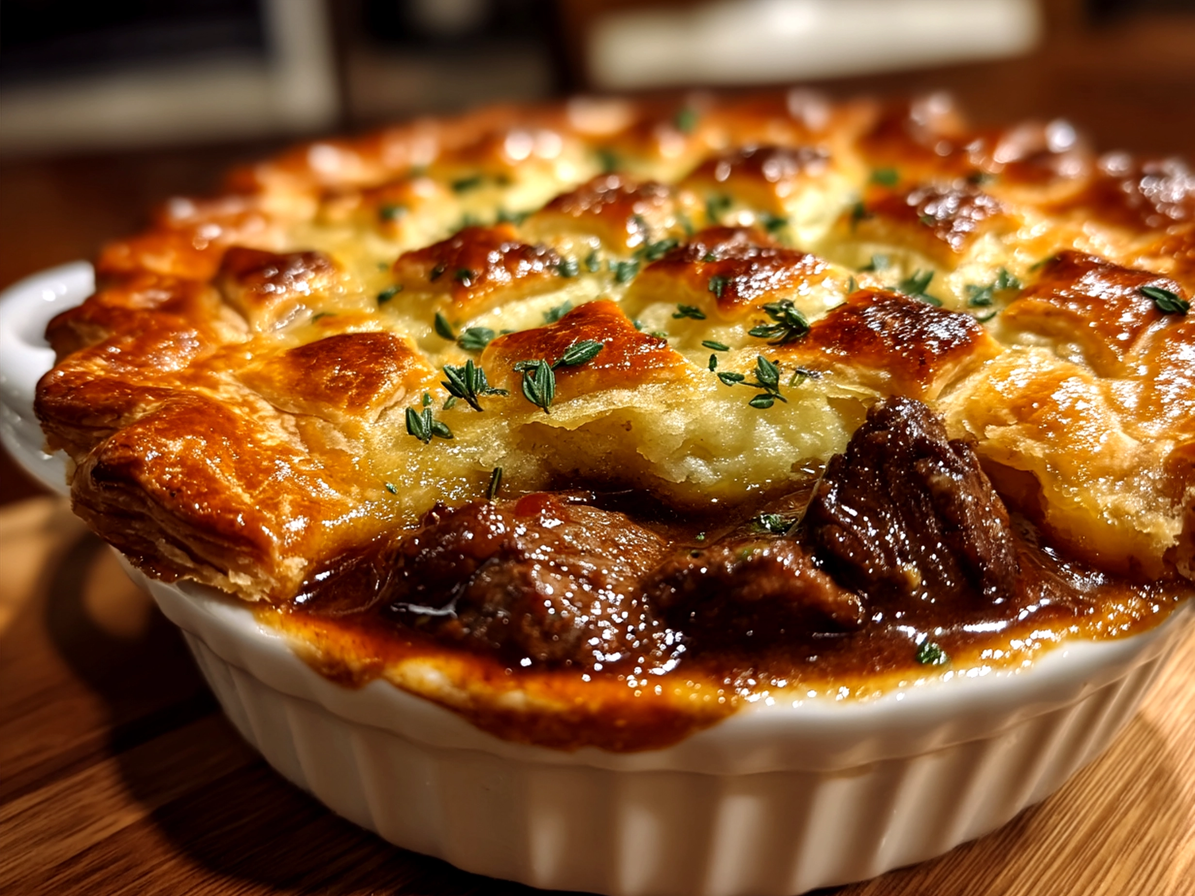 Golden flaky crust of Irish Beef Guinness Pot Pie served on a plate