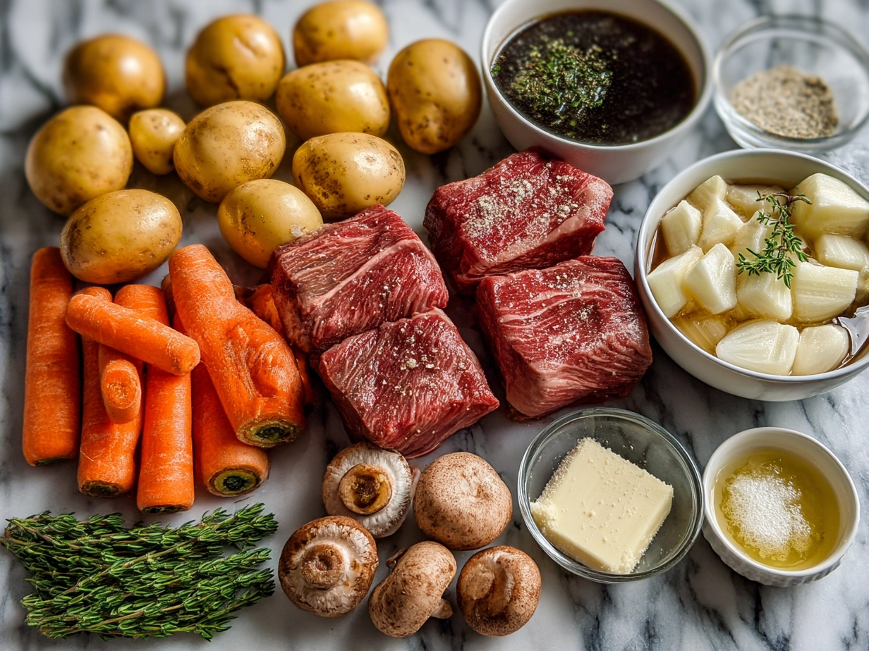 Ingredients for Irish Beef Guinness Pot Pie laid out on a table
