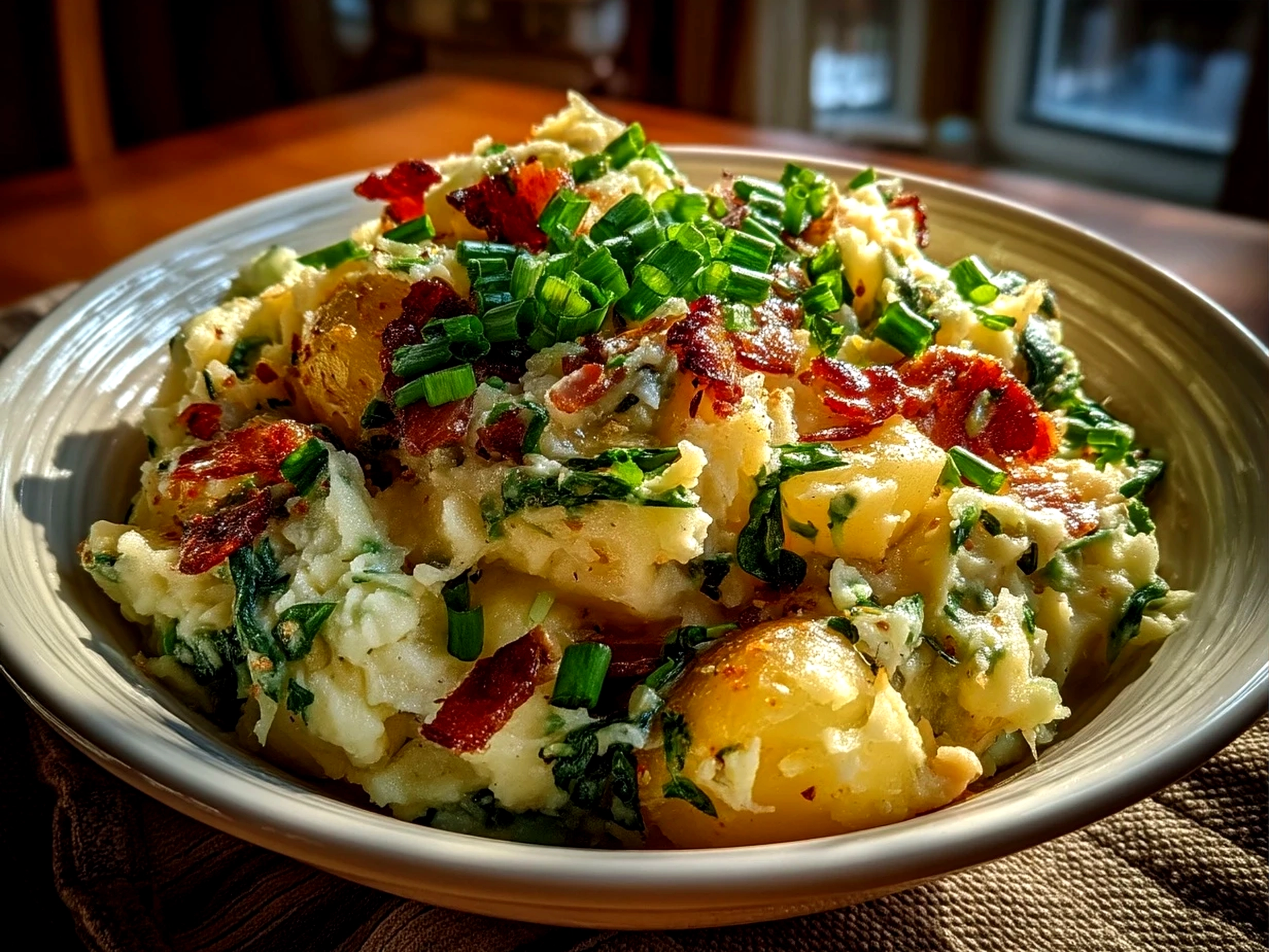 A serving of Irish Colcannon topped with melting butter in a rustic wooden bowl